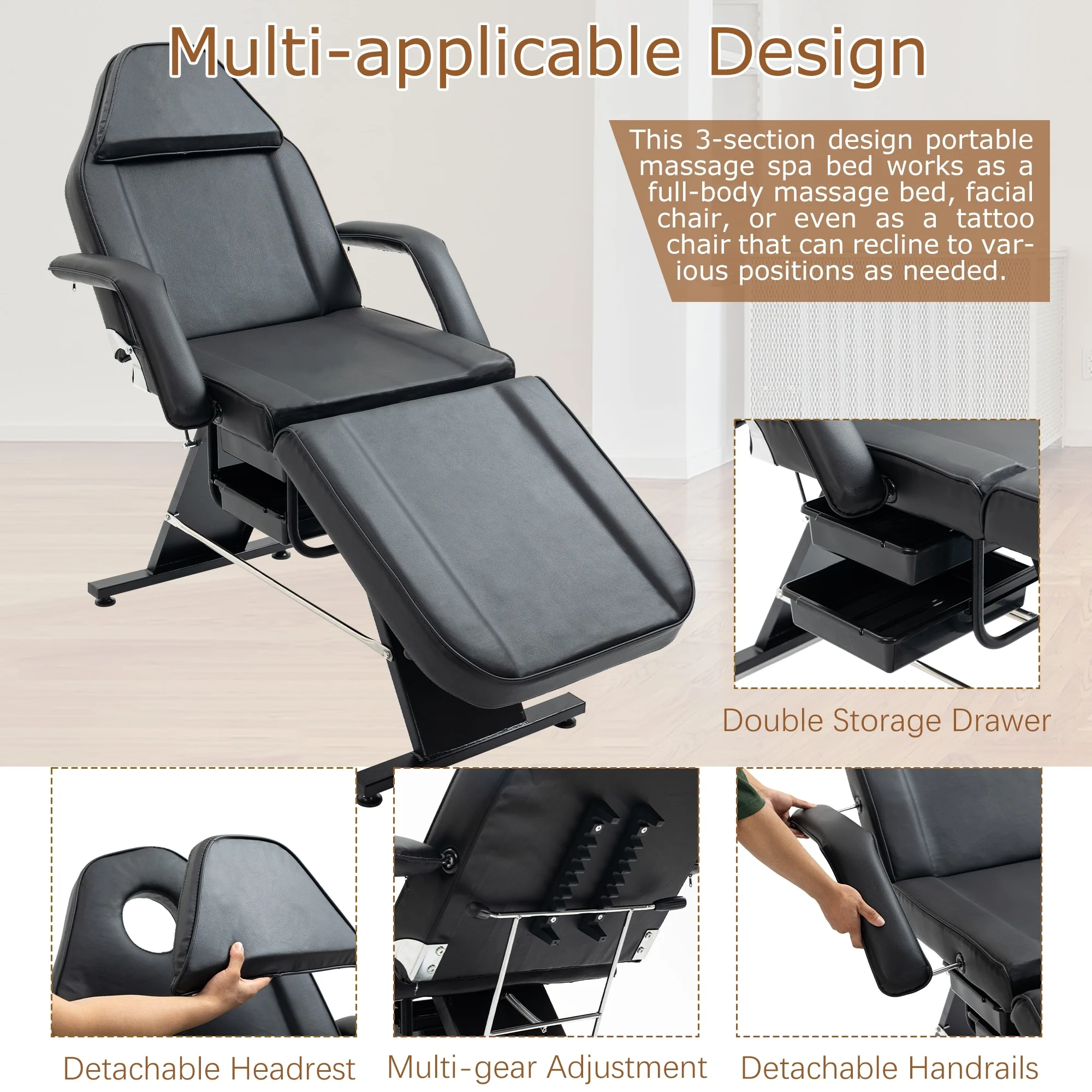Professional Massage Spa Salon Bed Chair, Folding Lash Bed with Hydraulic Stool Adjustable Facial Chair Bed