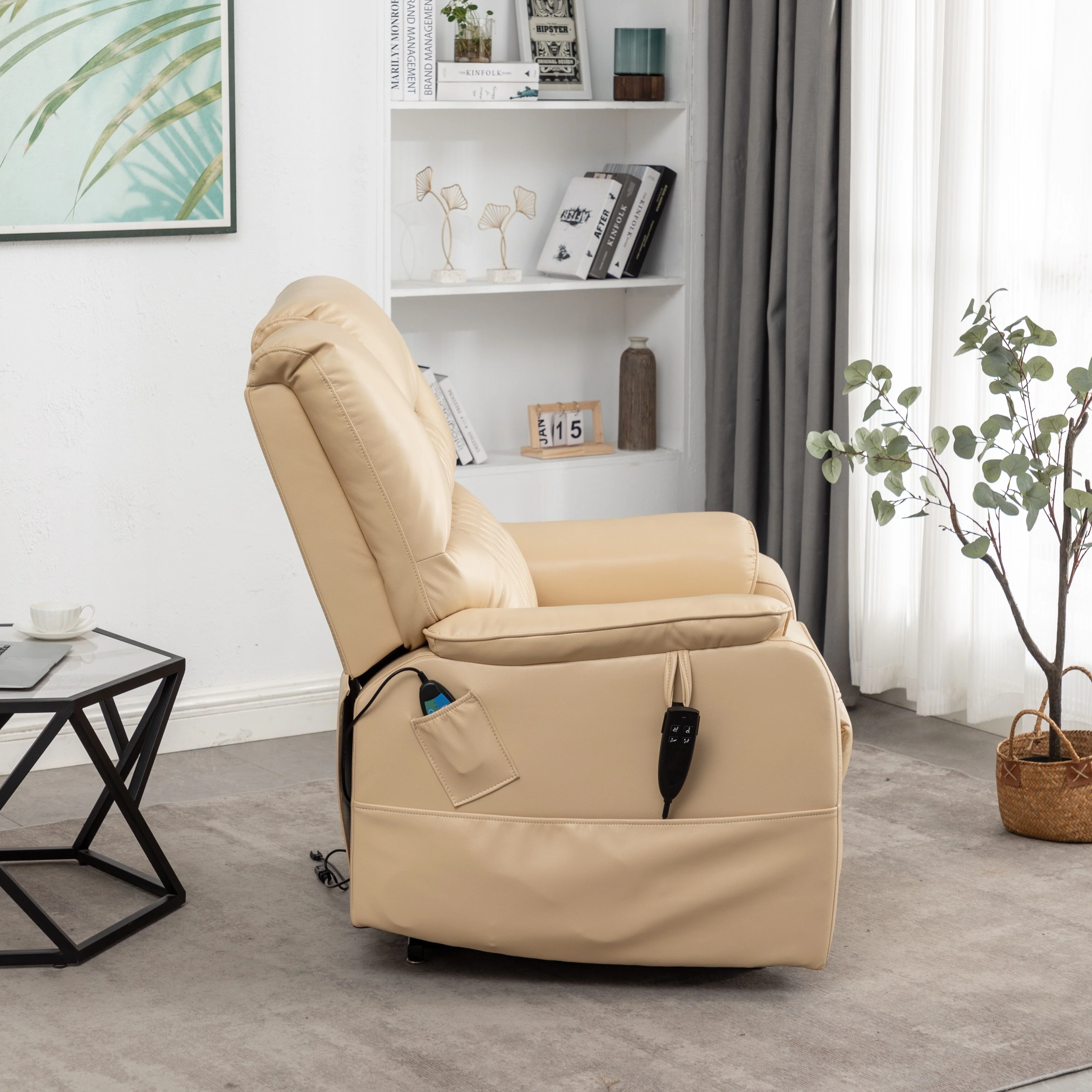 Beige PU Leather Power Lift Recliner, Massage, Flat Lay