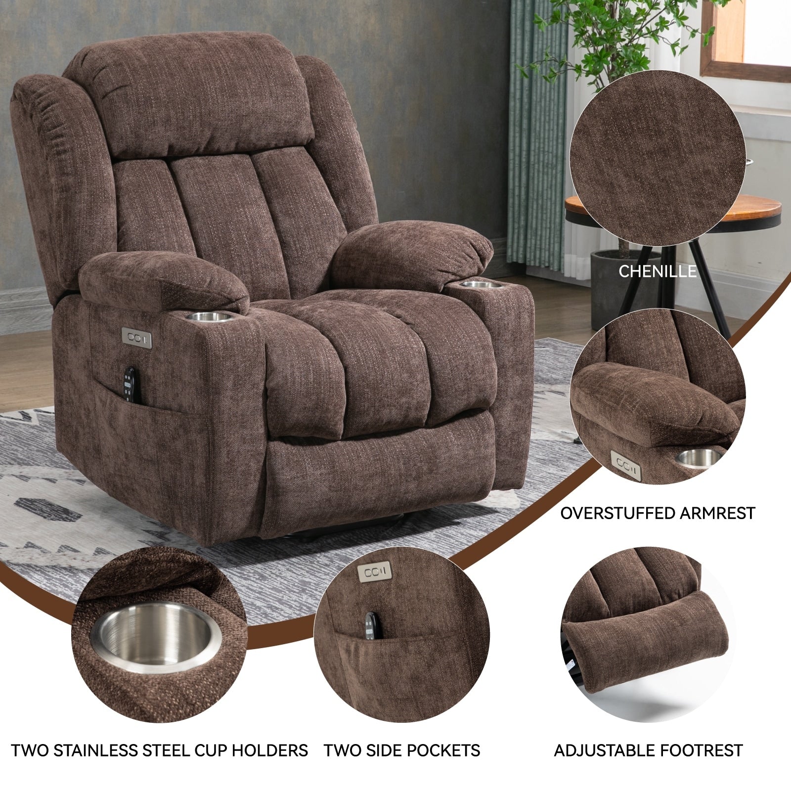 Electric Lift Recliner with Targeted Massage, Lumbar Heating, Dual USB Charging, and Stainless Steel Cup Holders