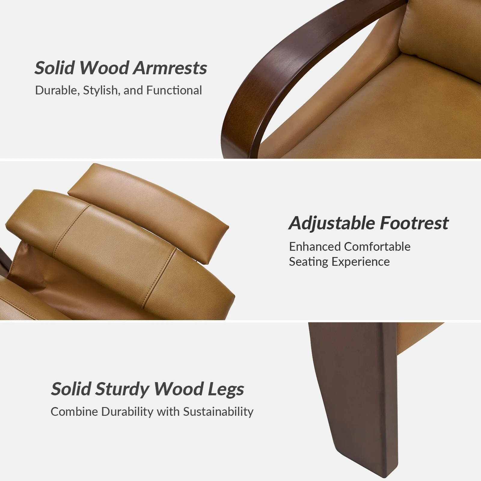 Alex Mid-century Modern Cigar Genuine Leather Manual Recliner with Wooden Curved Arms