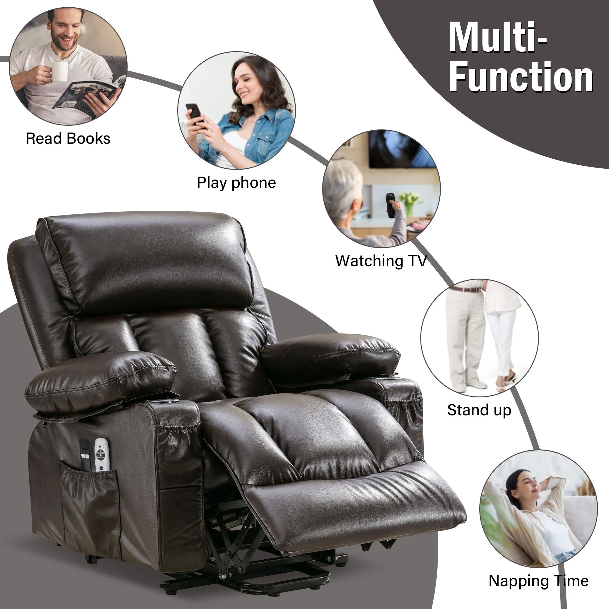 Power Lift Faux?Leather Recliner Chair with Massage, Heat & USB