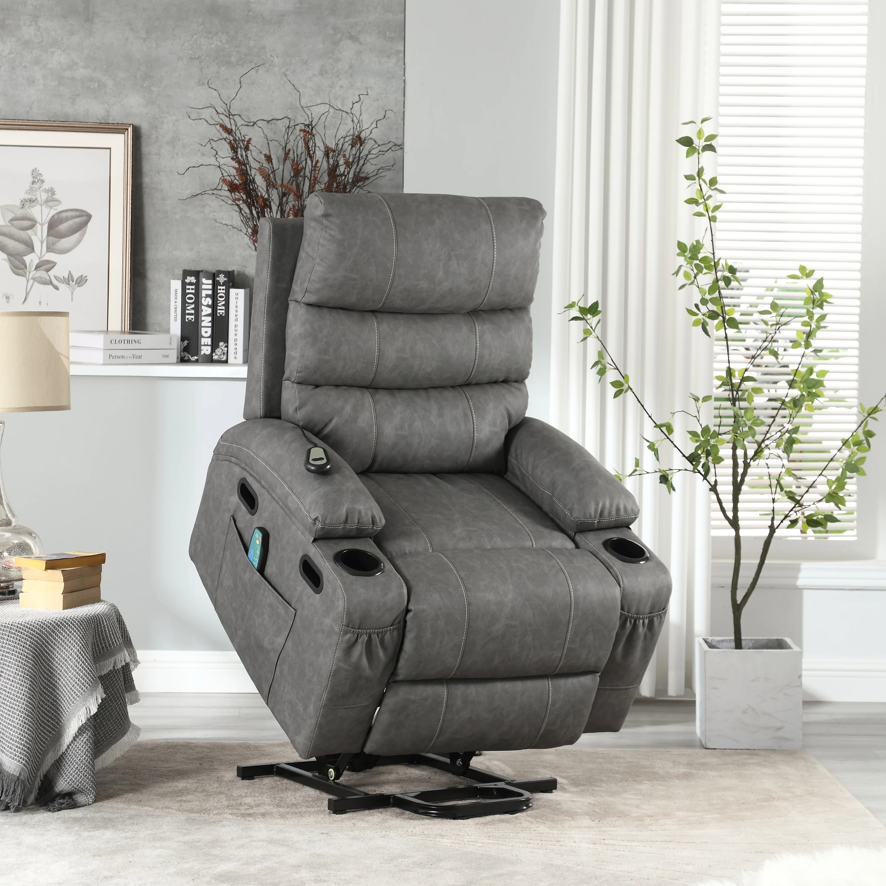 PU Leather Power Lift Recliner with Massage, Heating & Cup Holders