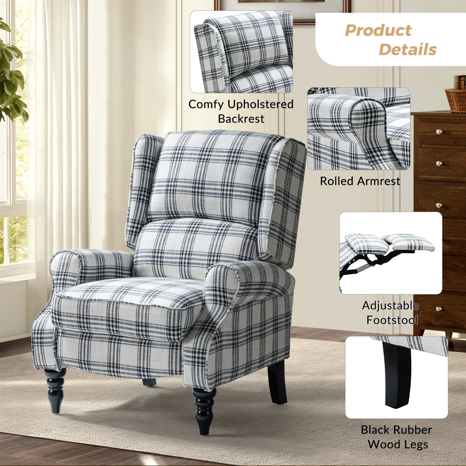 Olympus Upholstered Classic Manual Wingback Recliner with Solid Wood Legs Set of 2 by HULALA HOME