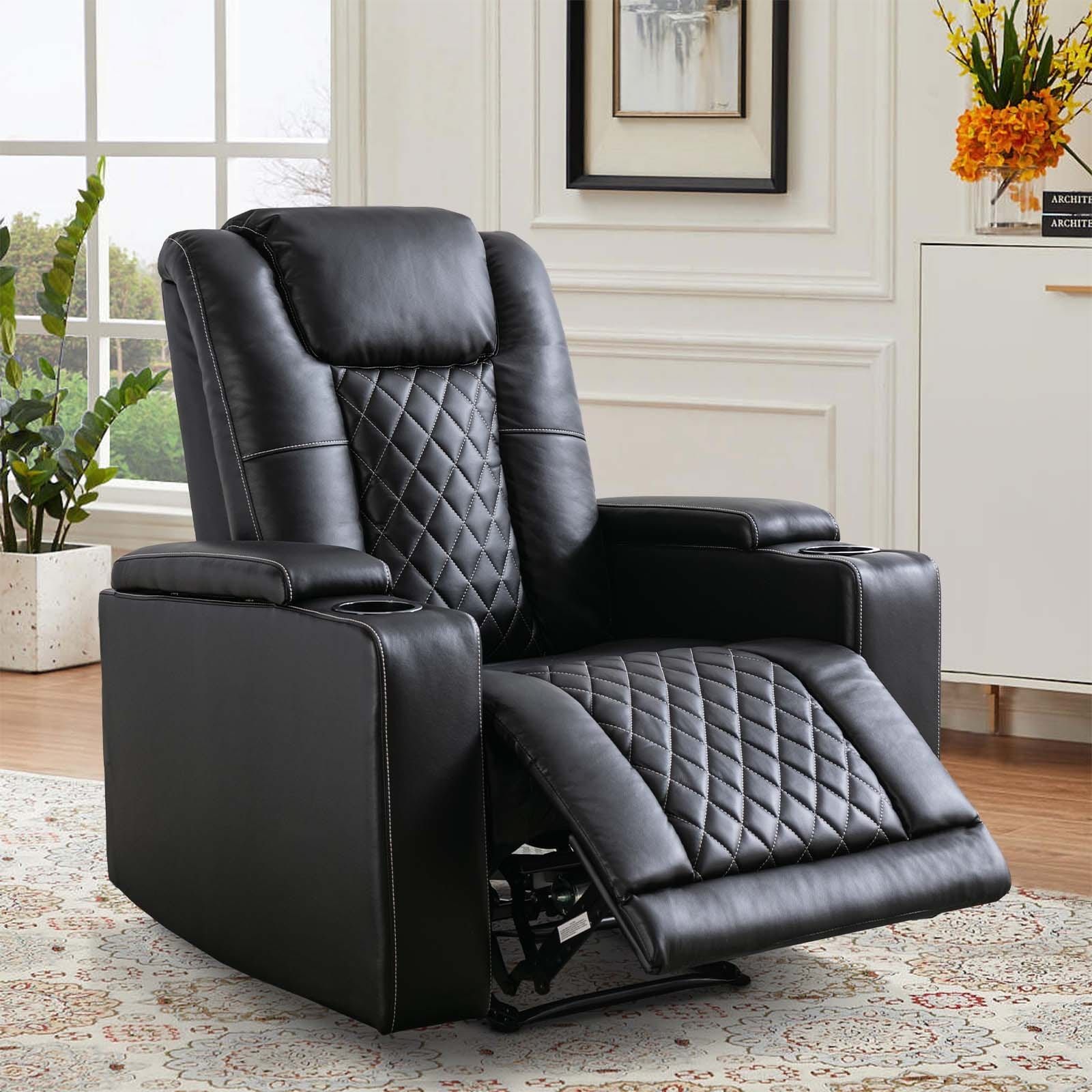 Leather Electric Power Recliner Chair with USB Ports and Cup Holders