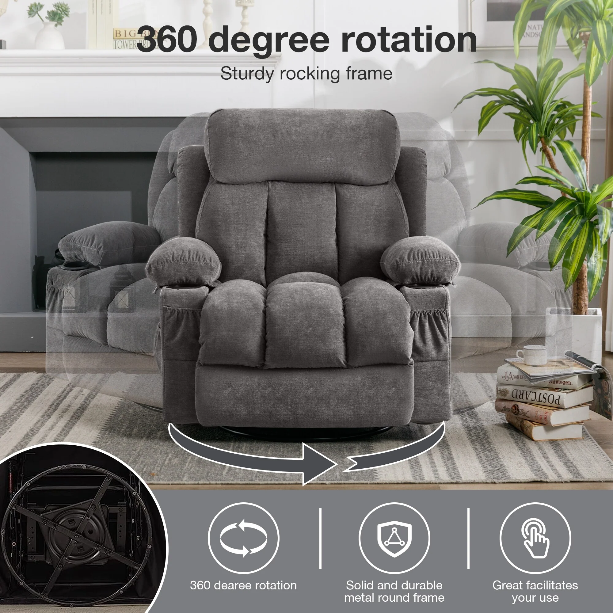 Massage 360 Swivel Rocker Recliner Chair, Heating, Cup Holders, USB