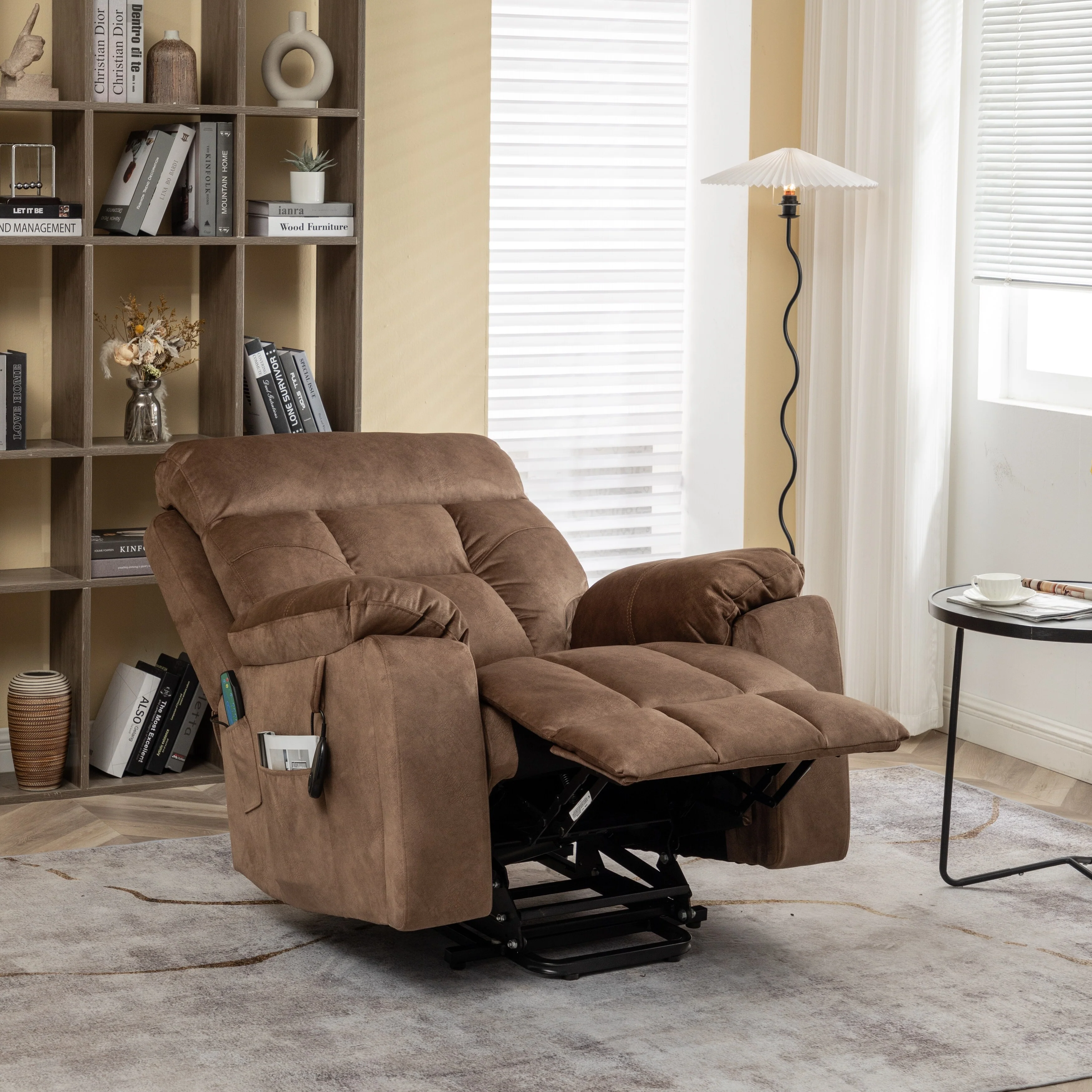 Brown Velvet Lift Recliner, Massage, Hidden Cup Holder, Pockets