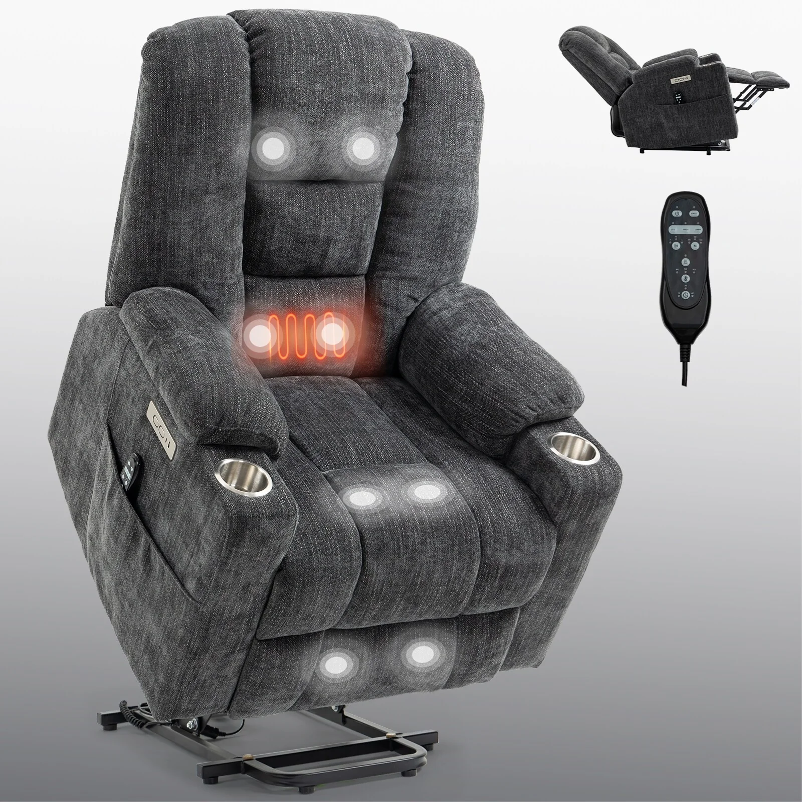 Power Lift Recliner Chair with Dual USB, Cup Holders & Chenille Fabric