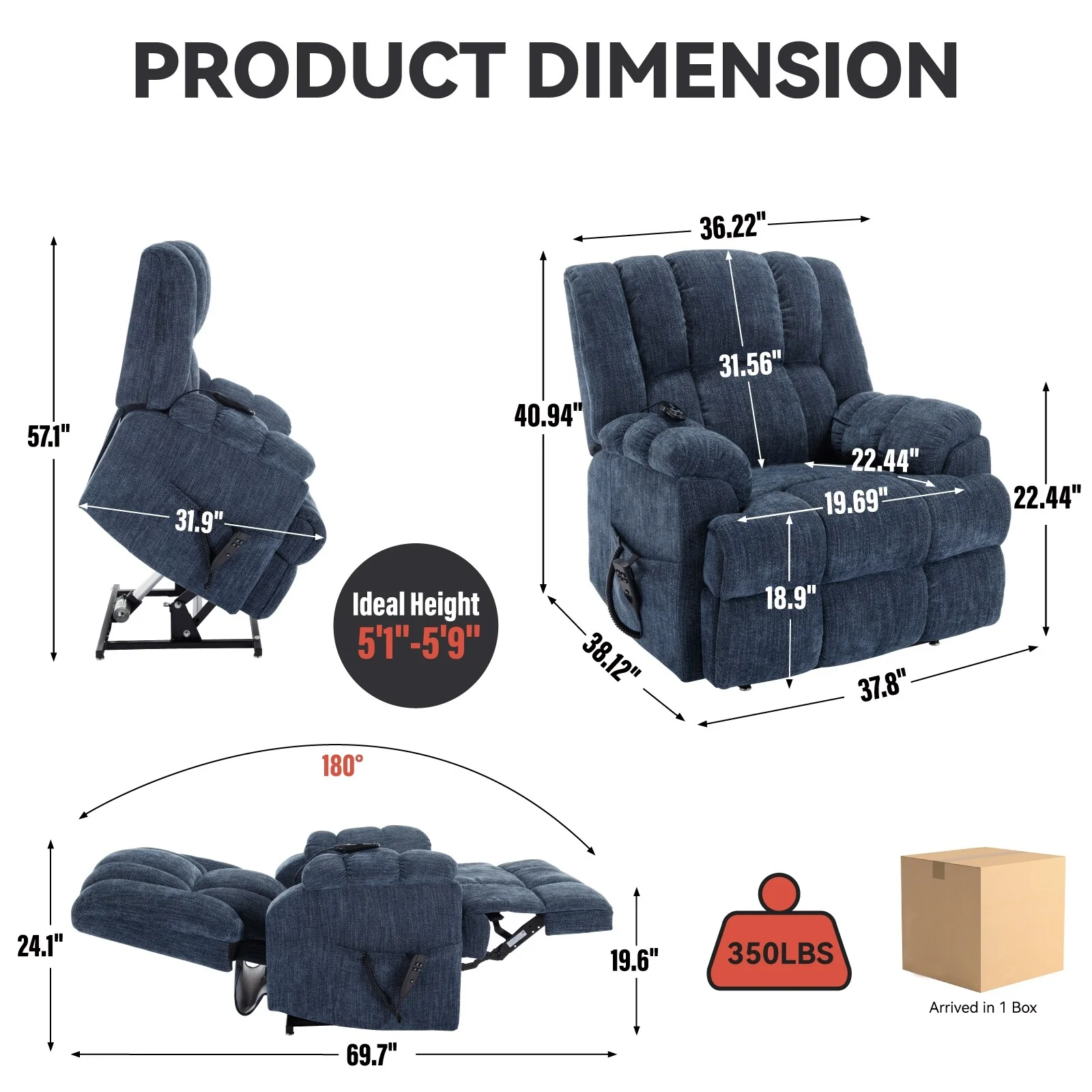 Blue Dual Motor Power Lift Recliner with Heat, Massage, Infinite Positioning, Remote Control, and Lumbar Support