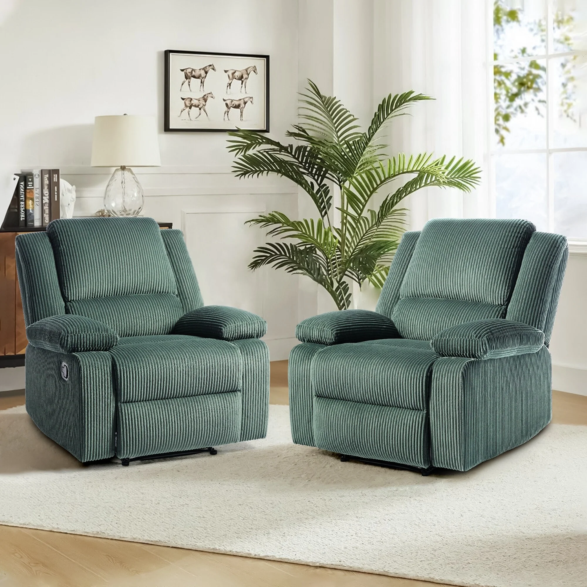 2 Set Corduroy Manual Recliner Glider Club Chair with Footrest