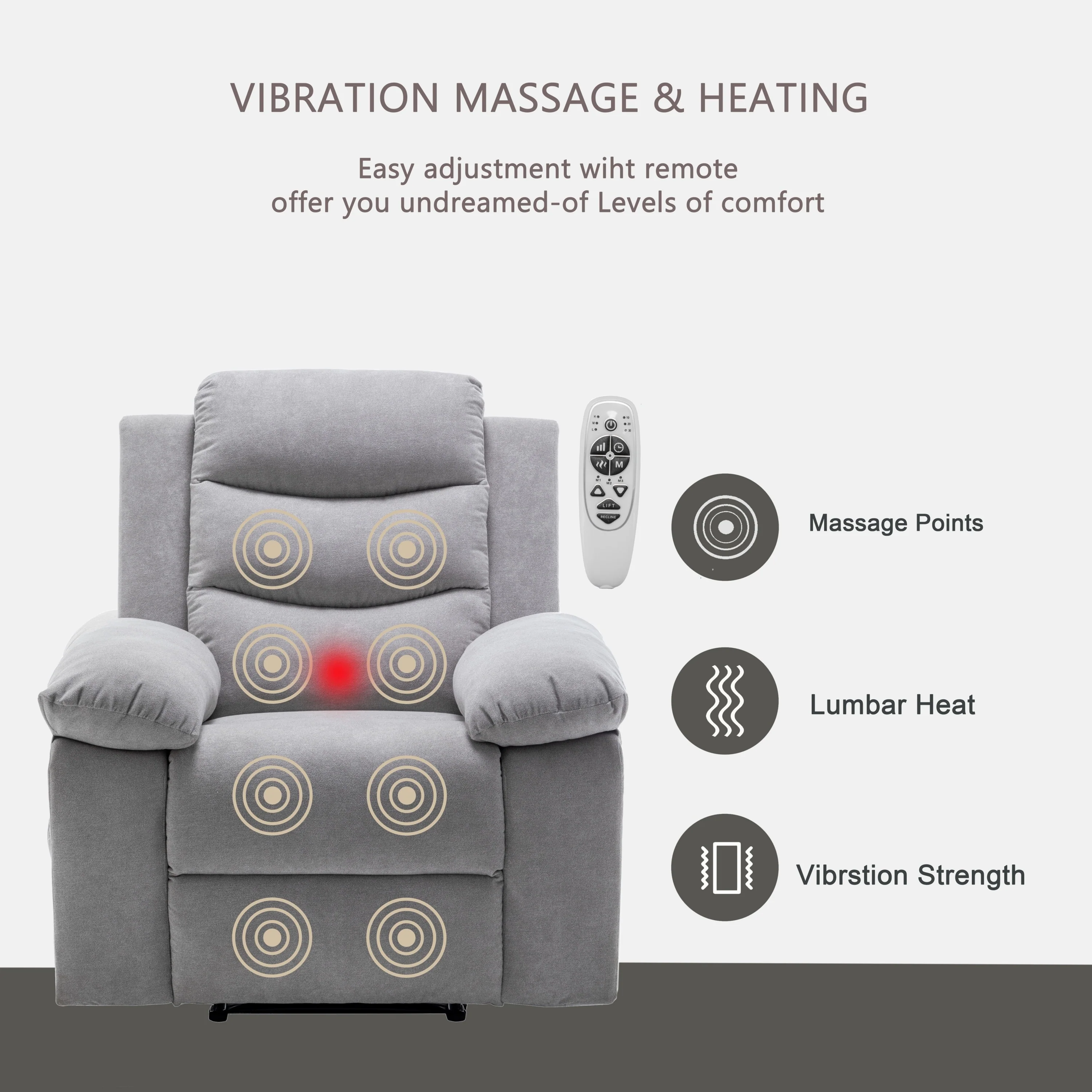 Velvet Adjustable Massage Function Power Recliner Chair with Heating System