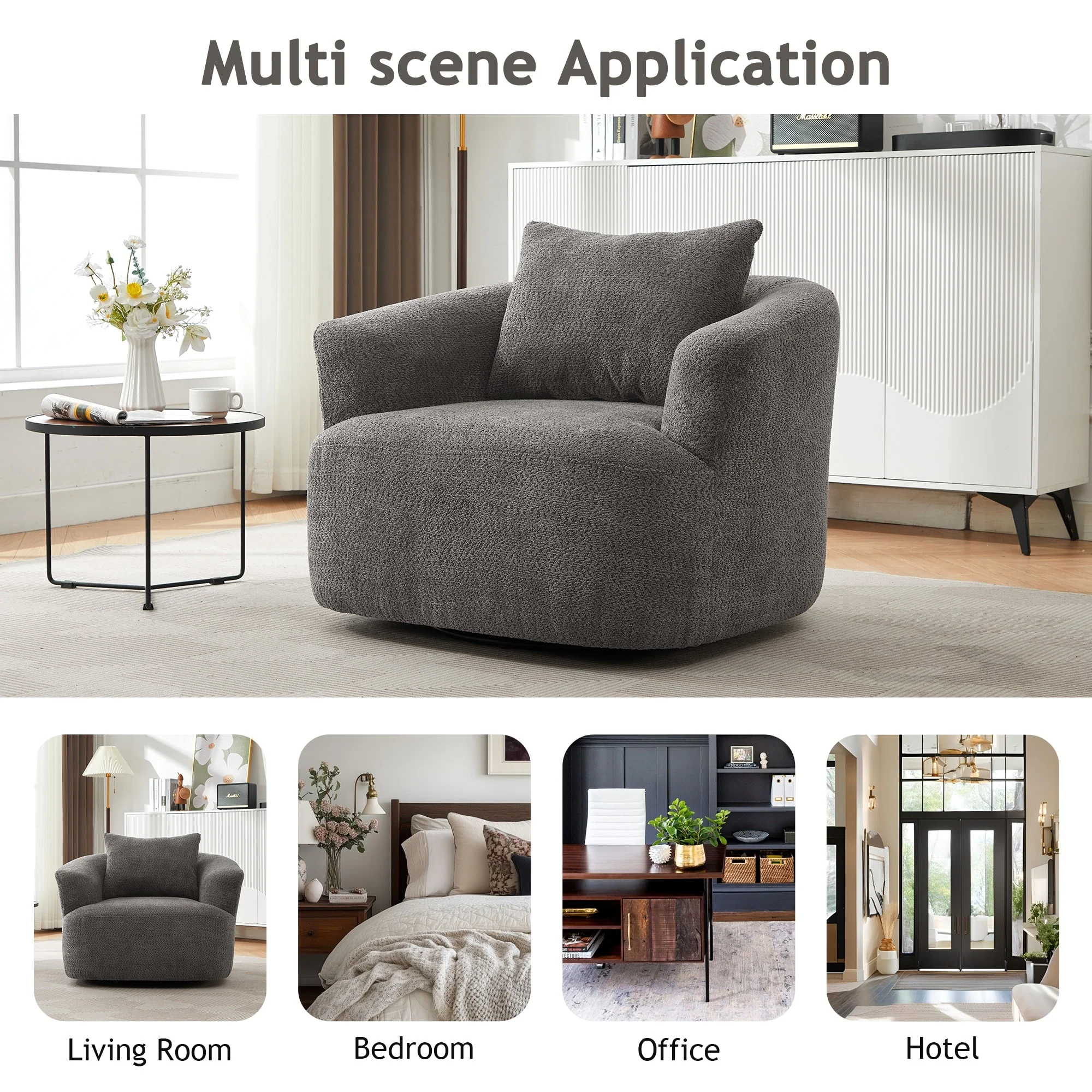 360�� Swivel Chair, 38.2 Boucle Accent Chair with Throw Pillow, Upholstered Barrel Sofa Chair with Curved Armrests