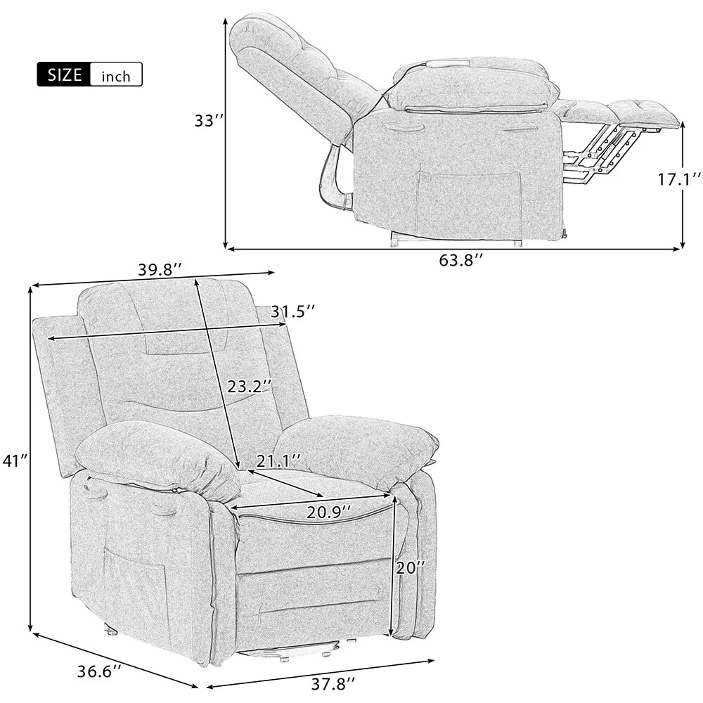 Power Lift Recliner Chair with Heat Massage and Storage Pocket