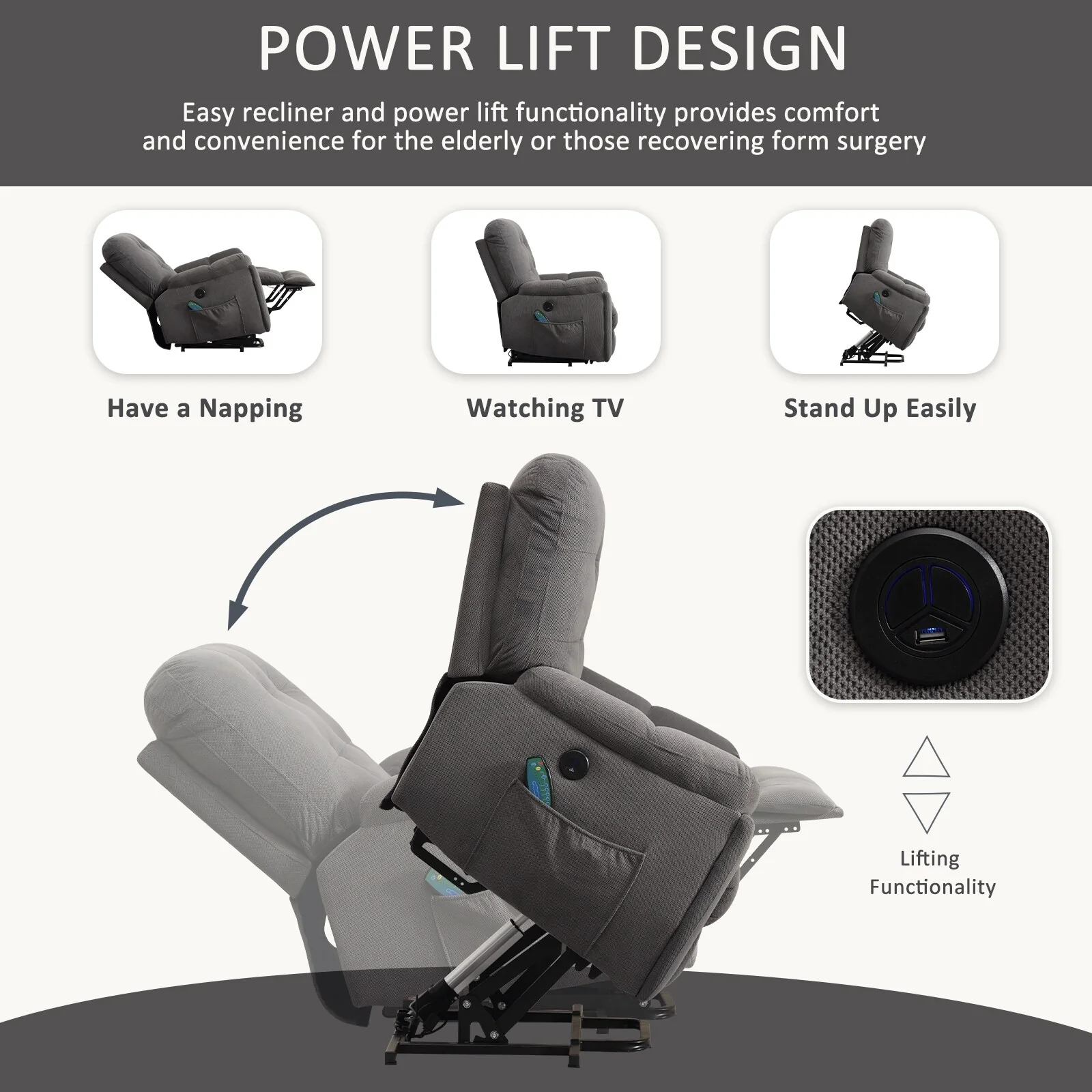 Grey Power Lift Recliner with Vibration Massage, Heat, USB, and Hidden Cup Holders