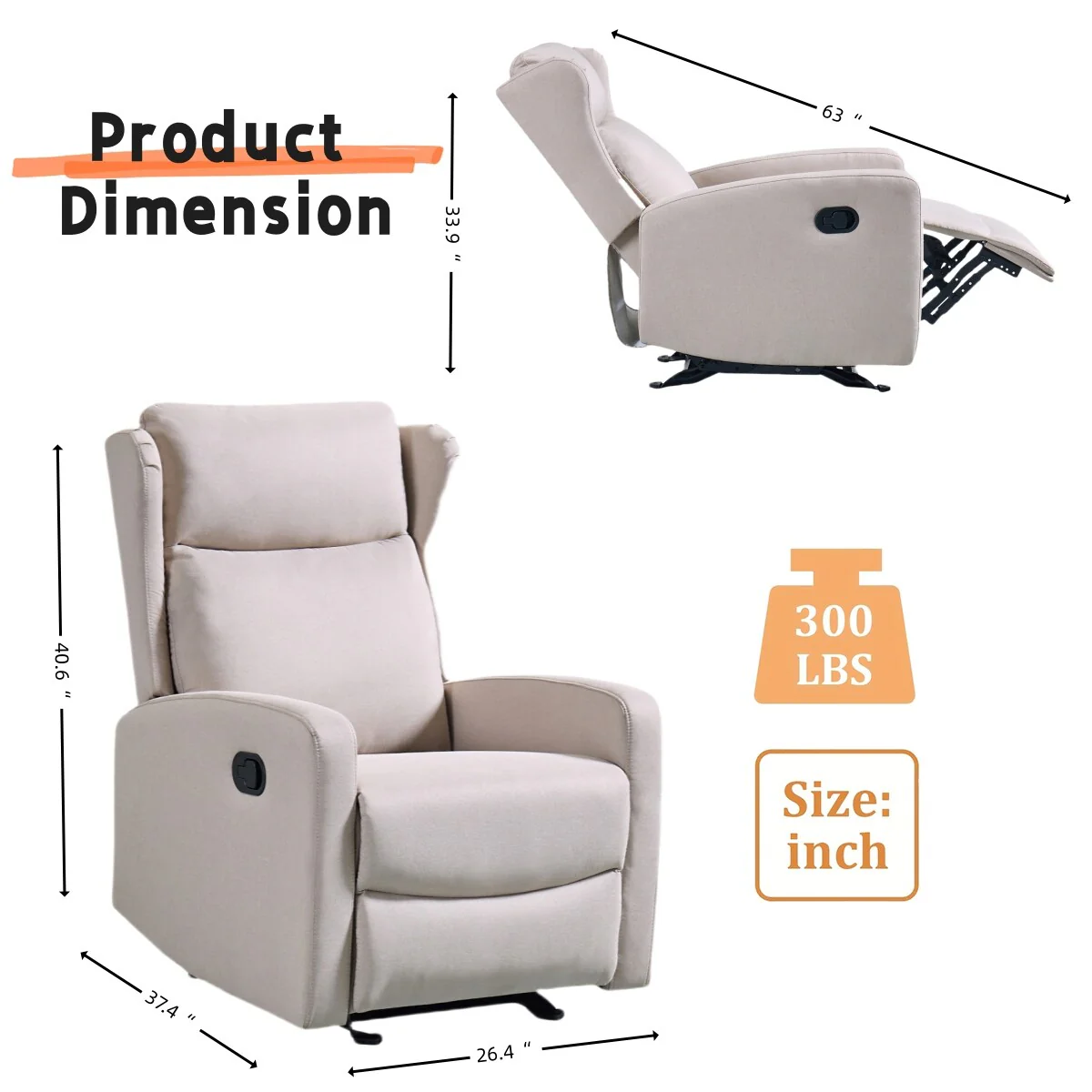 Adjustable Rocker Recliner Chair (90��-165��) with Linen Upholstery
