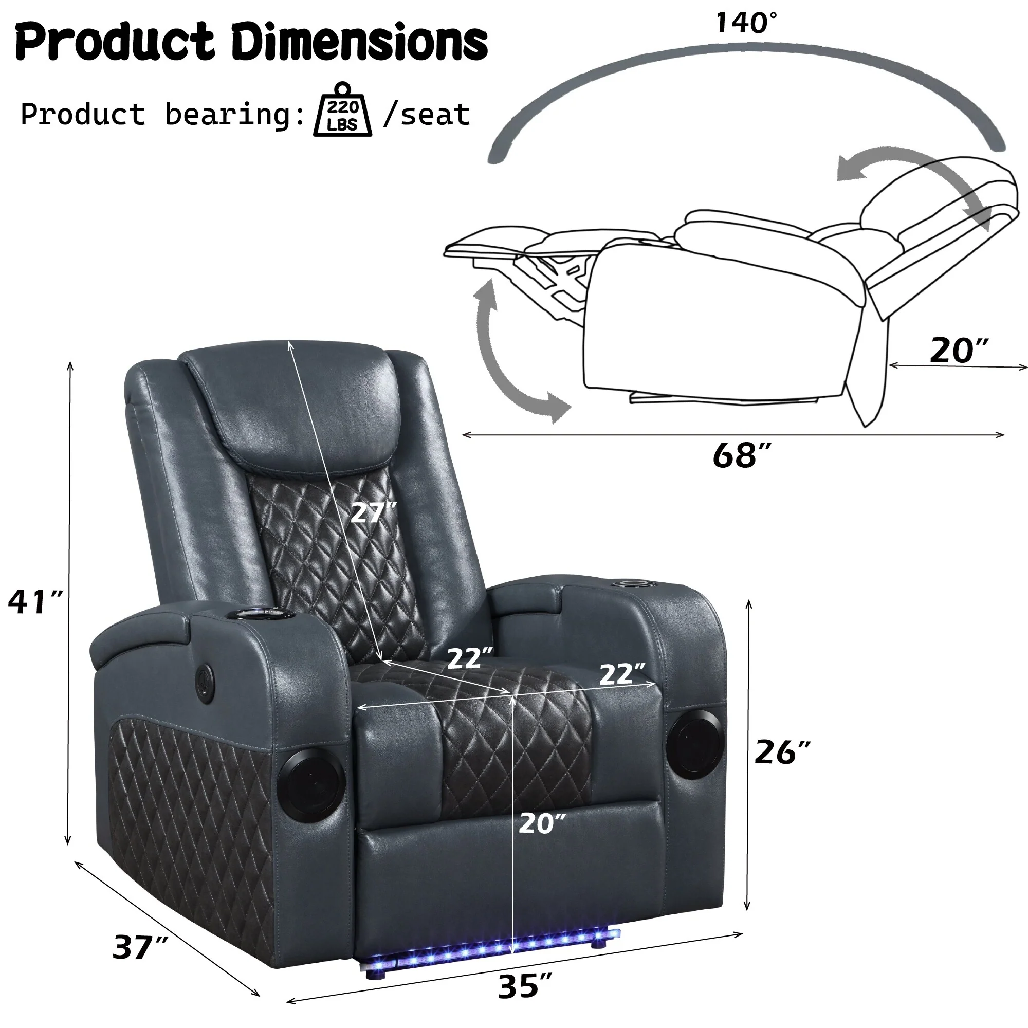 Alair Blue & Black Leather Aire Power Motion Recliner W/Bluetooth, Wireless Charger & Cupholder