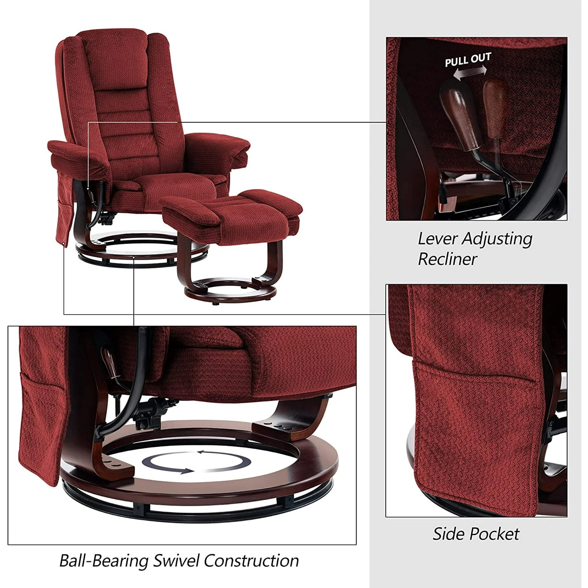 Mcombo Recliner Chair with Ottoman, Fabric Massage Swivel Chair