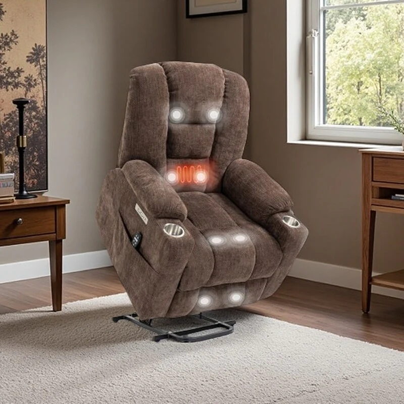 Oversized Power Lift Recliner with Massage & Heat, Dual USB Type-A & Type-C Ports, Steel Cup Holders, and Easy Assembly
