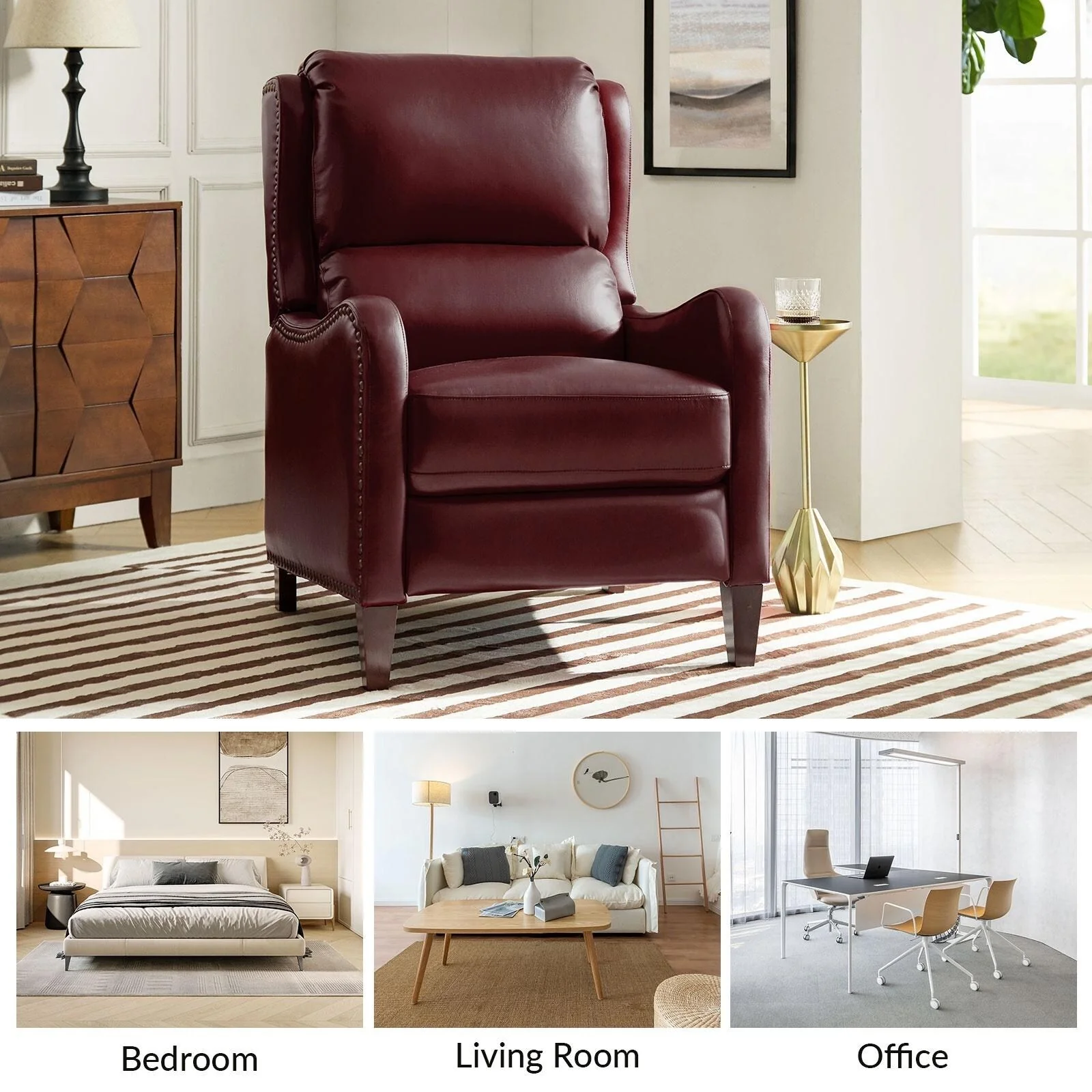 Brigida Modern Genuine Leather Nailhead Trim Recliner with Adjustable Footrest Set of 2 by HULALA HOME