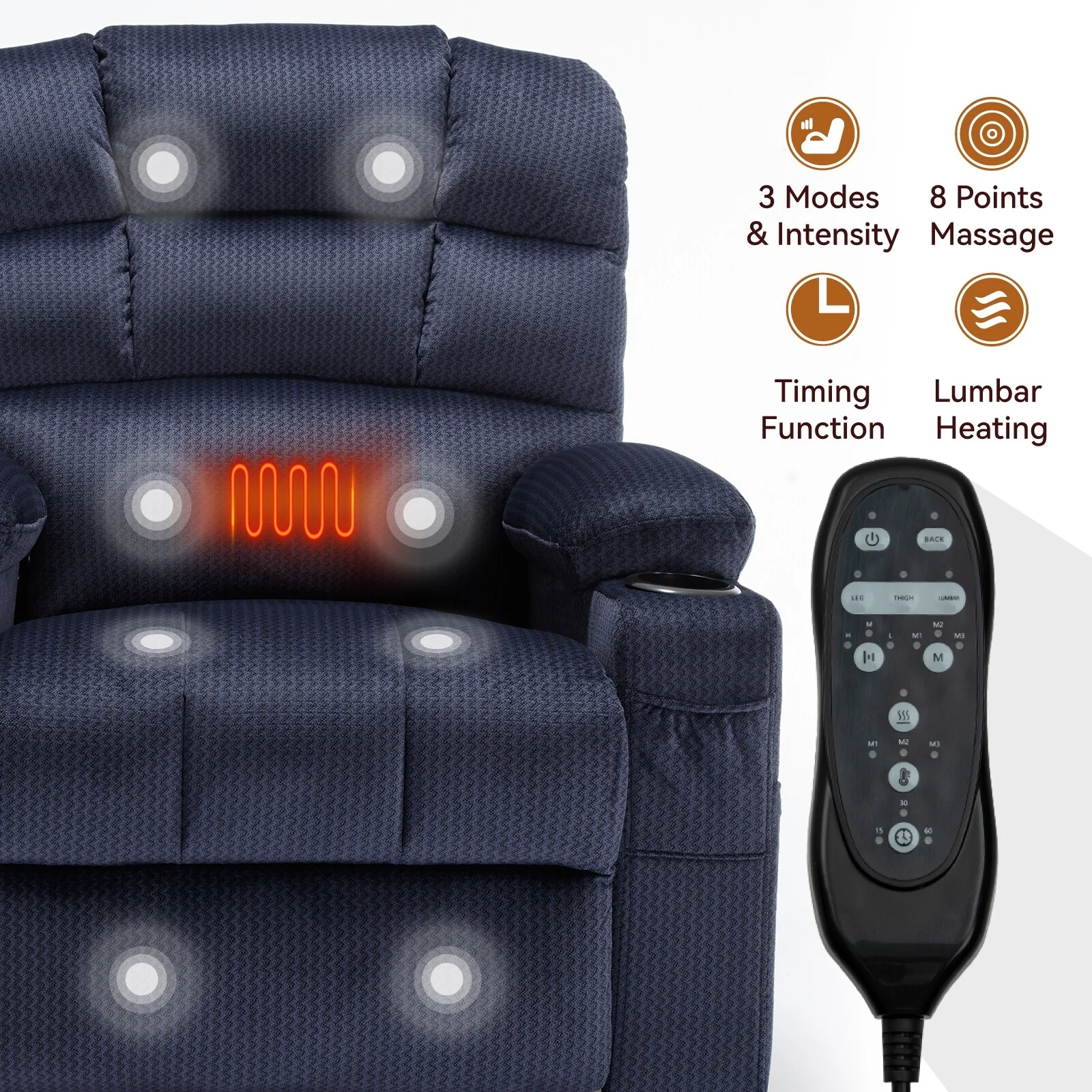 Chenille Power Lift Recliner with Massage, Heating & Cup Holders