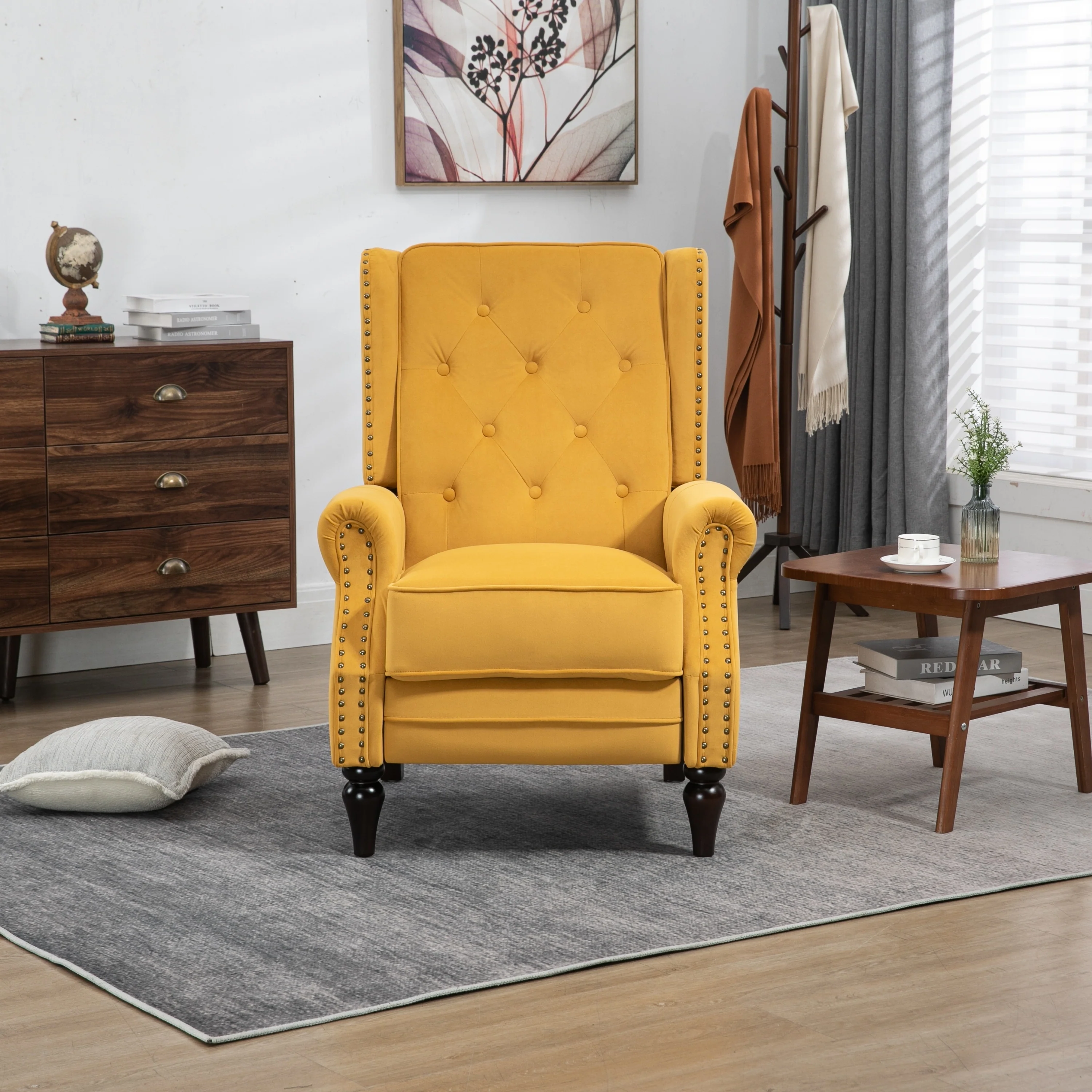 Velvet Upholstered Nailhead Tufted Recliner Chair with Black Legs