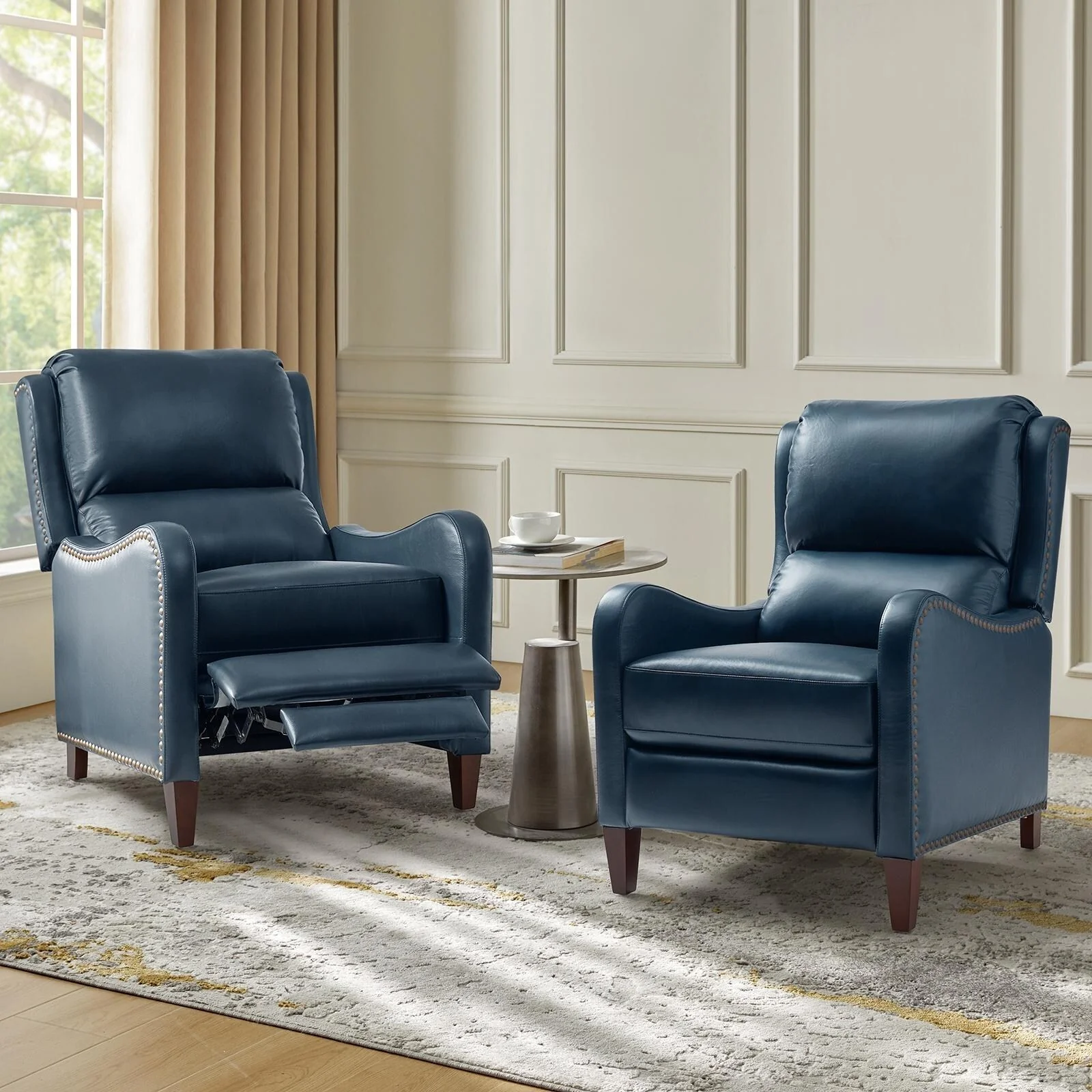 Brigida Modern Genuine Leather Nailhead Trim Recliner with Adjustable Footrest Set of 2 by HULALA HOME
