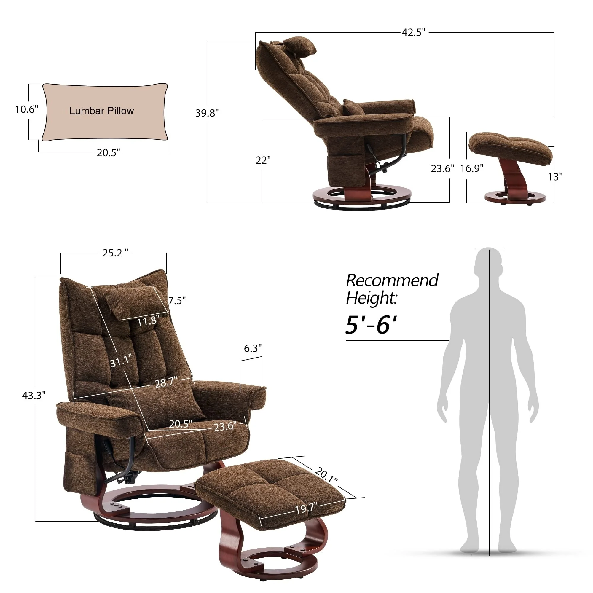 MCombo Swivel Recliner with Ottoman and Neck Pillow, Chenille Fabric