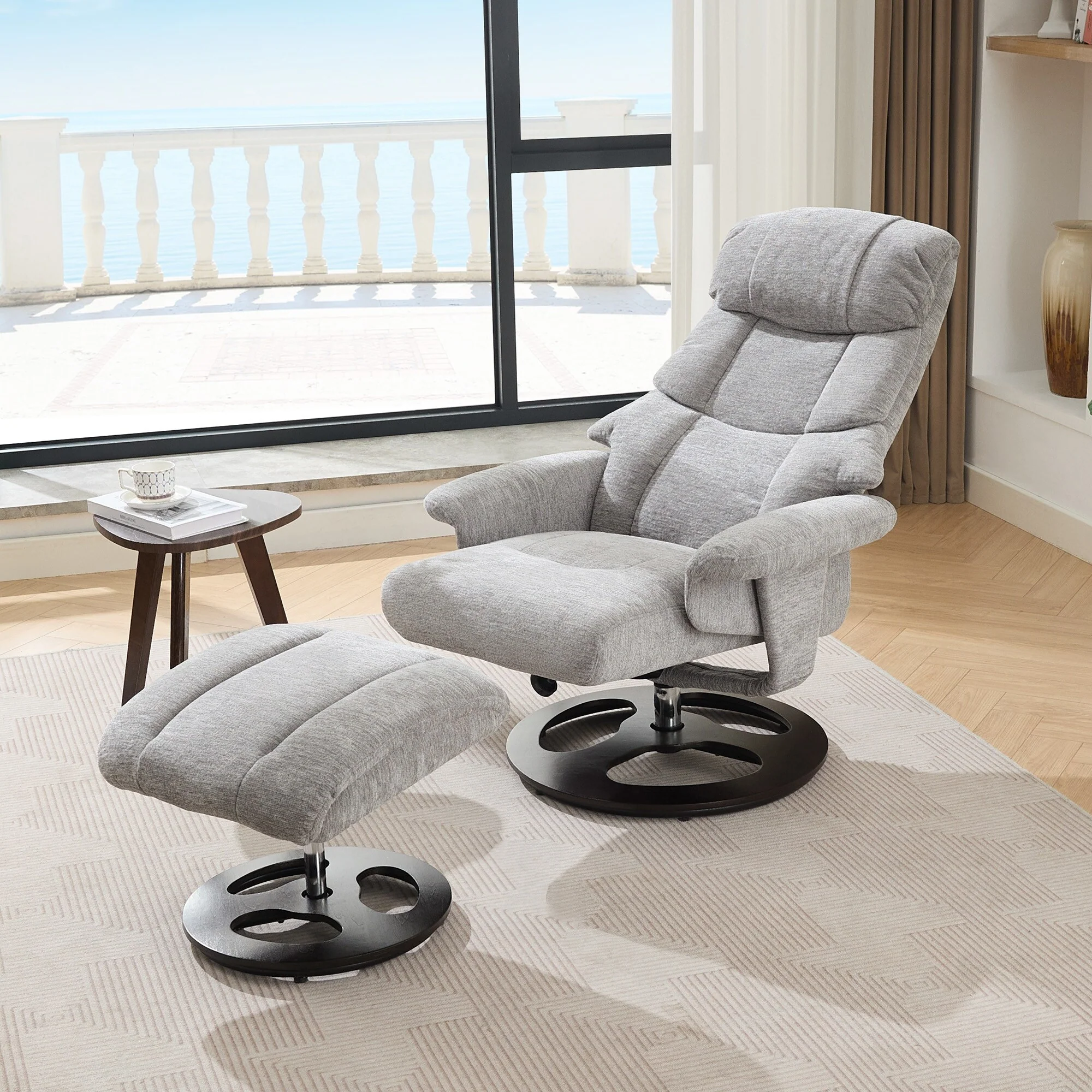Recliner Chair with Ottoman, Modern 360�� Swivel Lounge Chair with Footstool, Chenille Fabric, 5 Point Vibration Massage