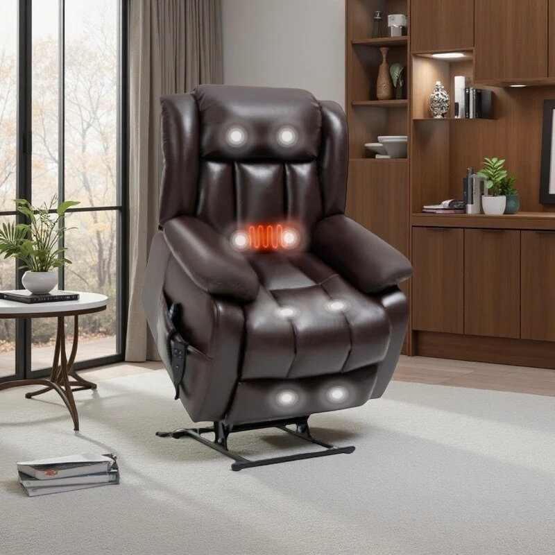 Dual Motor Electric Lift Recliner with 8-Point Massage, Lumbar Heat, and Genuine Leather Upholstery