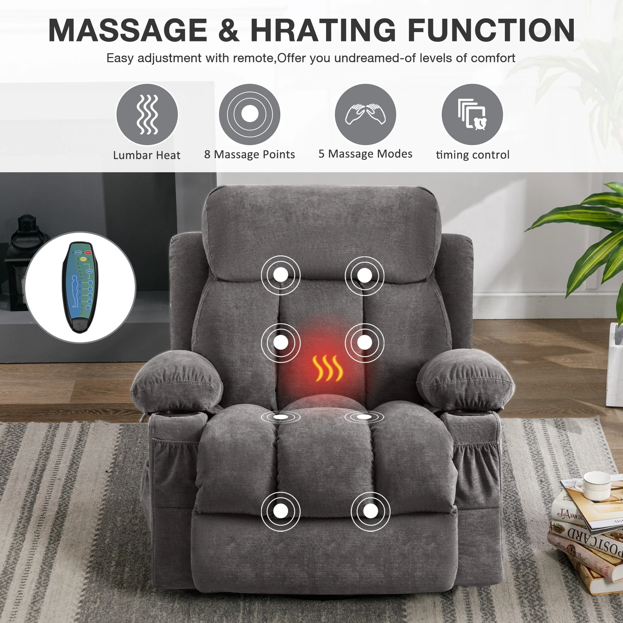 Massage 360 Swivel Rocker Recliner Chair, Heating, Cup Holders, USB