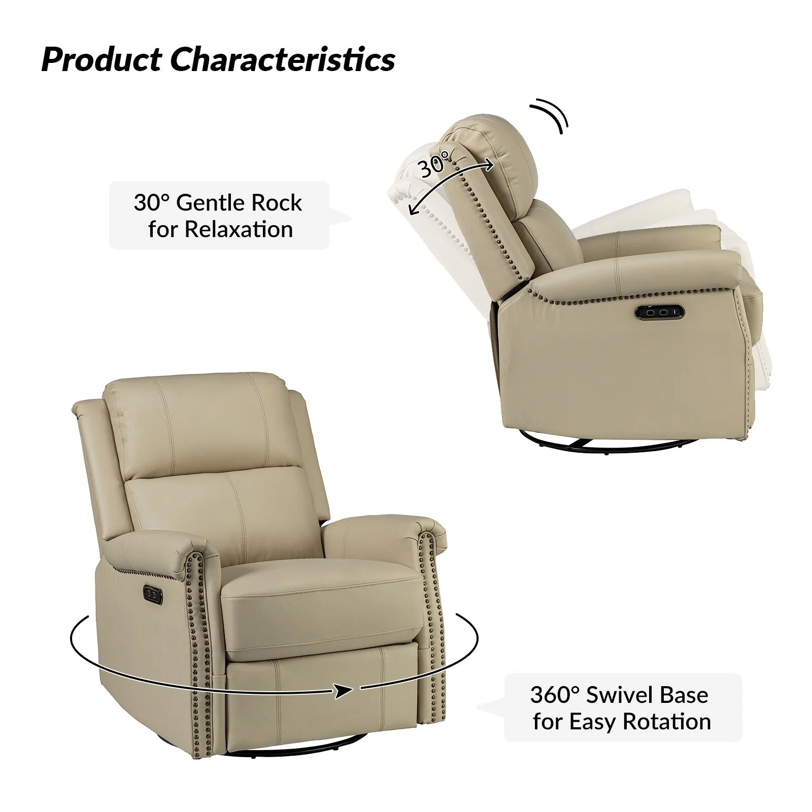 Renato Traditional Genuine Leather Nailhead Power Swivel Recliner Chair with Metal Base Set of 2 by HULALA HOME