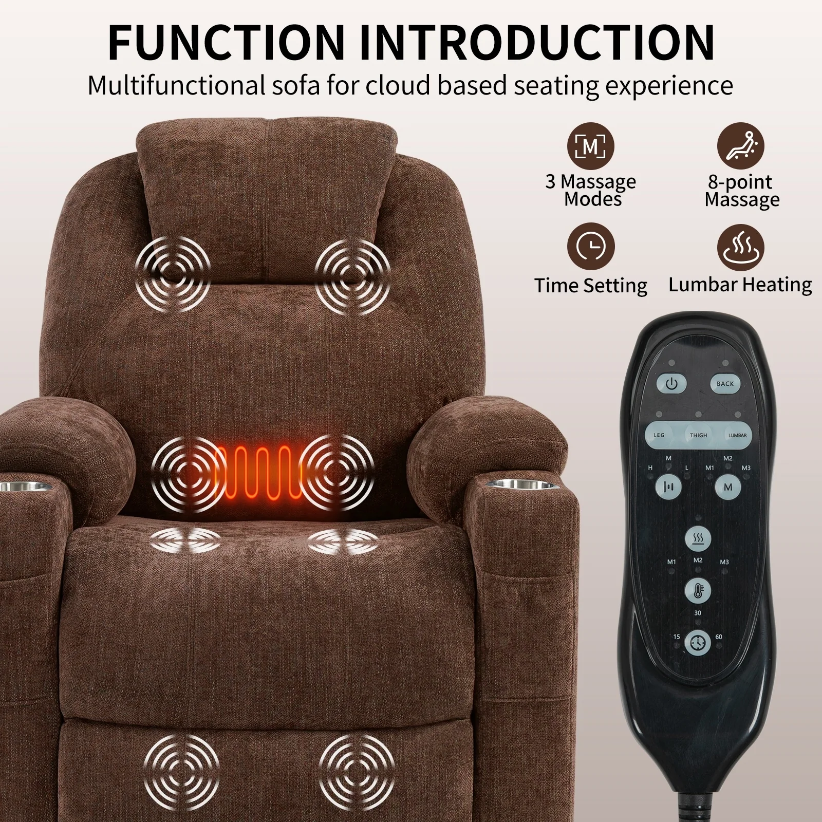 Power Lift Recliner with 8-Point Massage, Lumbar Heat, Dual USB Charging, and Stainless Steel Cup Holders