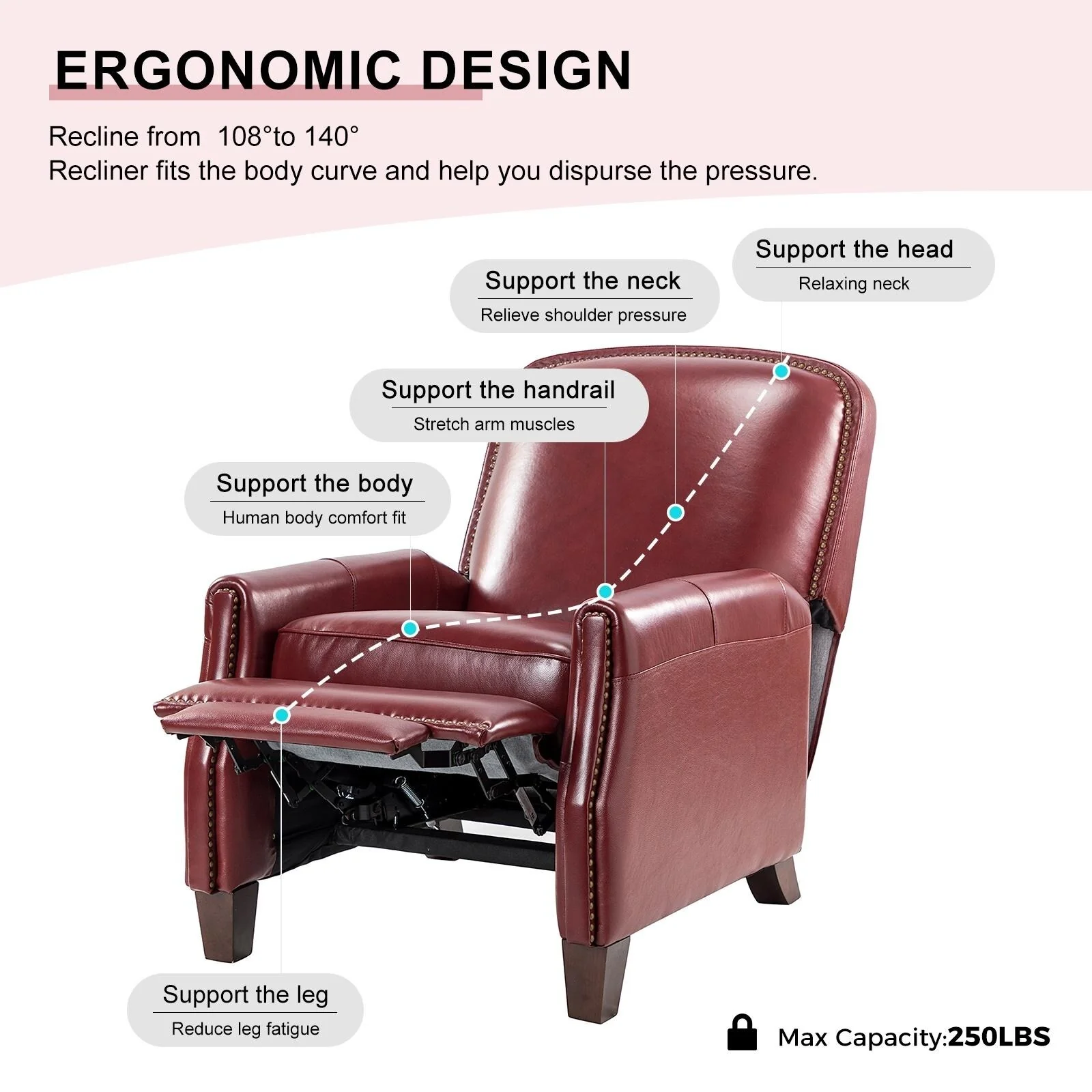 Gladis Modern Retro Genuine Leather Recliner with Nailhead Trim by HULALA HOME