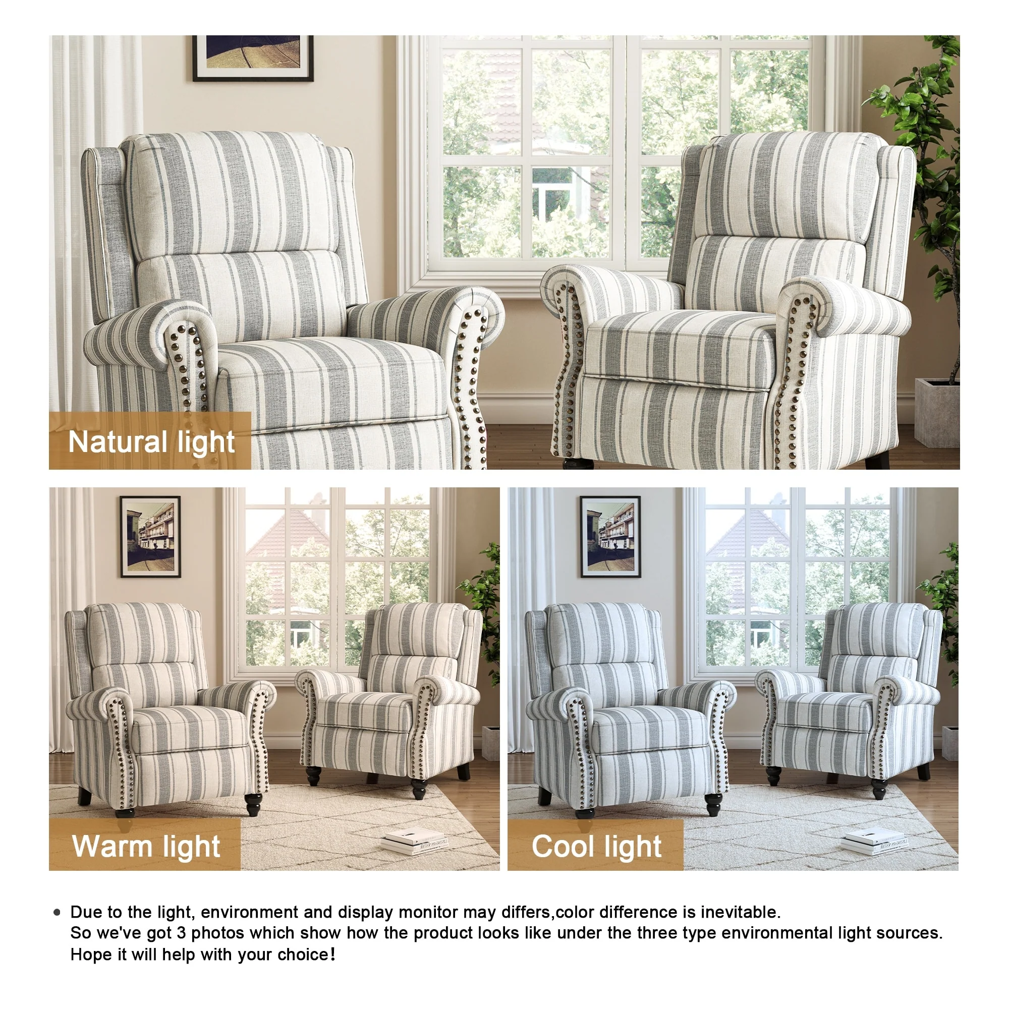 2 Set Manual Pushback Recliner Chair with Nailhead Trim