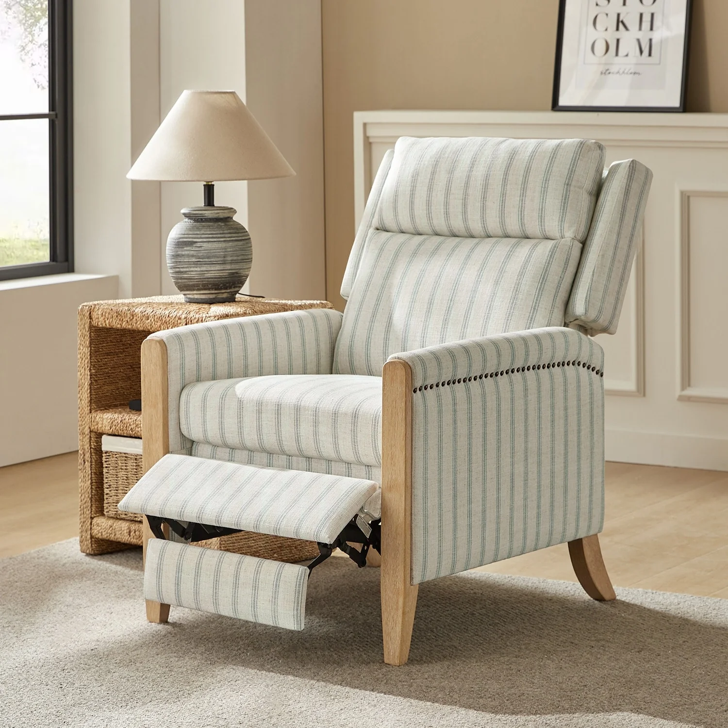 Suares Transitional Nailhead Manual Recliner with Solid Wood Legs by HULALA HOME