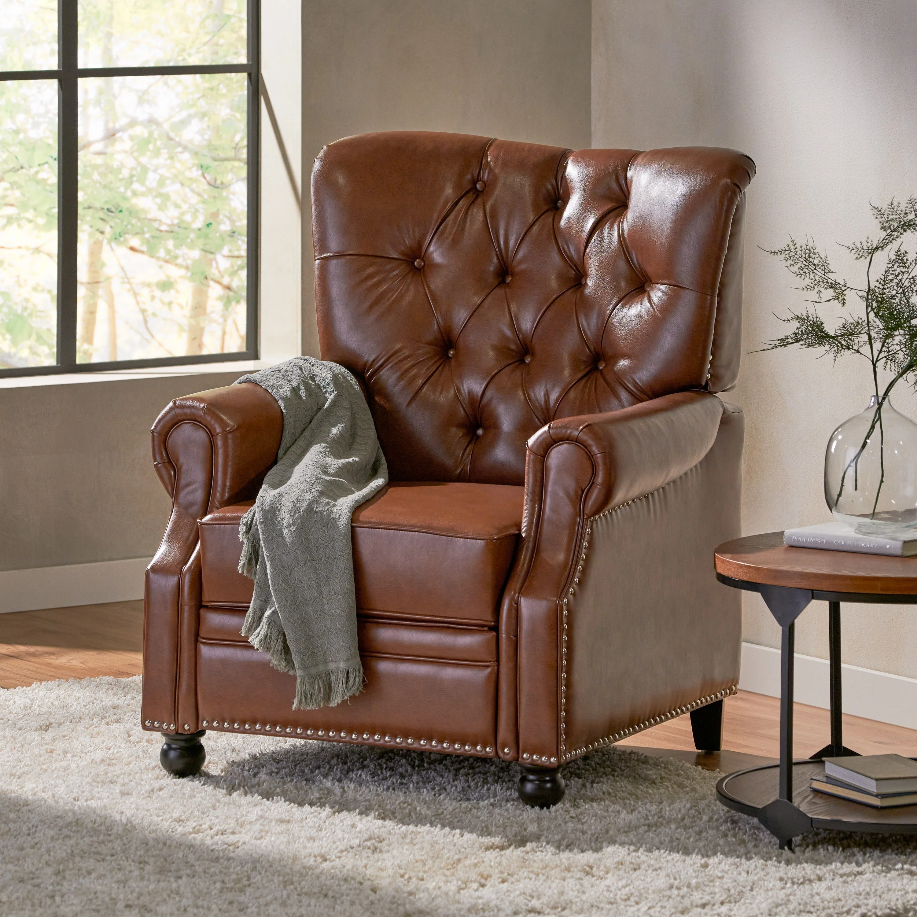 Button?Tufted Push?Back Recliner Chair with Nailhead & Rolled Arms