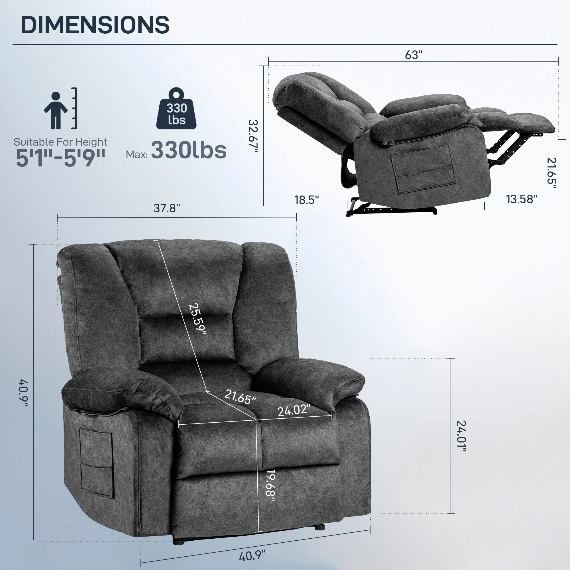 Grey Extra-Wide Recliner Sofa Chair with Full-Body Massage and Lumbar Heating, Heavy-Duty Frame, Adjustable Recline