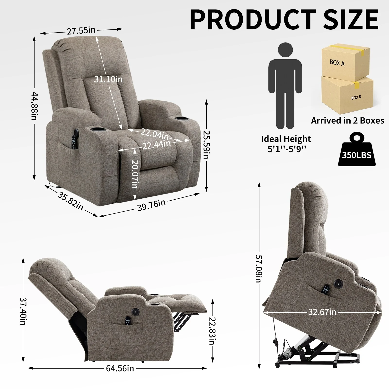 Power Lift Recliner Chair with Massage, Lumbar Heat, USB & Cup Holders