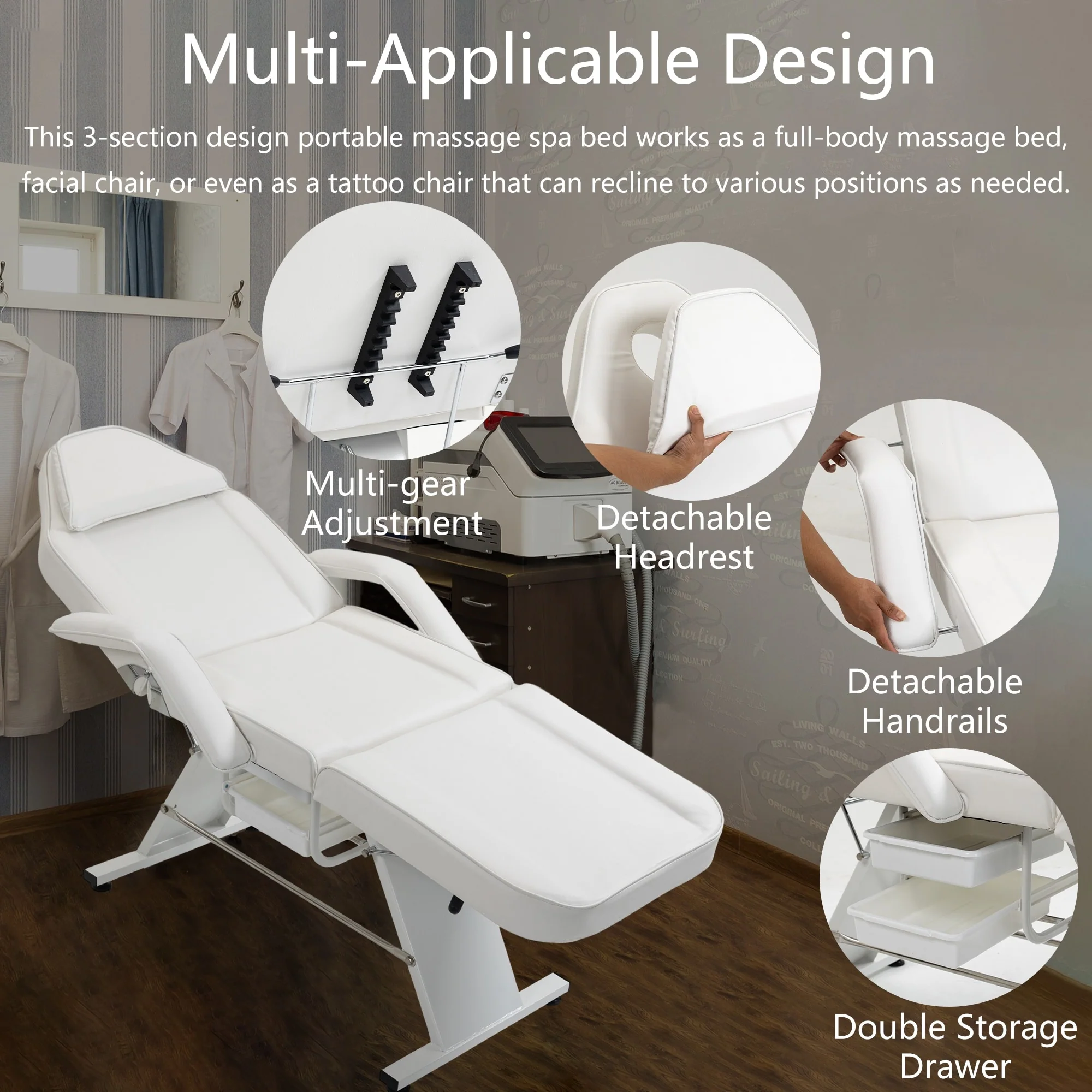 Professional Massage Spa Salon Bed Chair, Folding Lash Bed with Hydraulic Stool Adjustable Facial Chair Bed