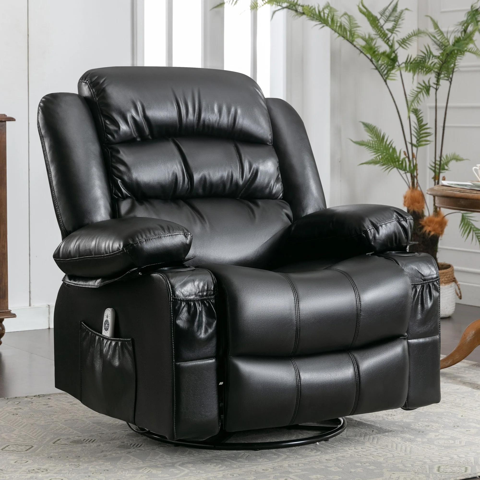 PU Leather Massage Rocker Recliner with 360�� Swivel, Heated 8-Point Vibration, USB Charging, Cup Holders, and Storage Pockets