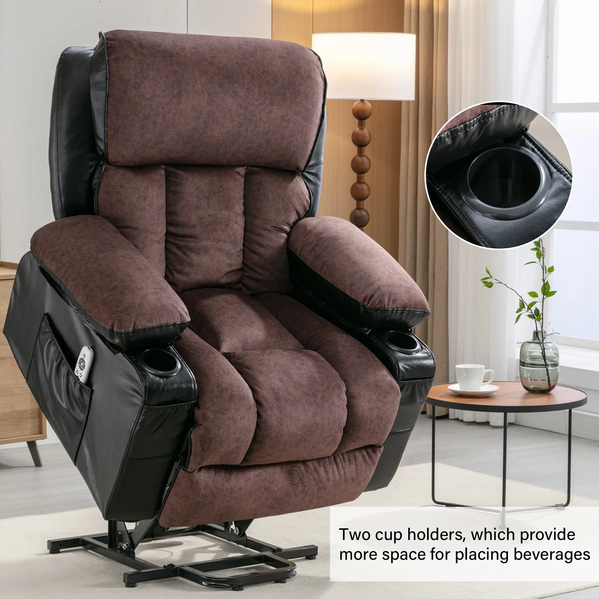 Black Electric Power Lift Chair with Massage and Heating Functions for Seniors, PU Leather Lounge Chair with USB Port