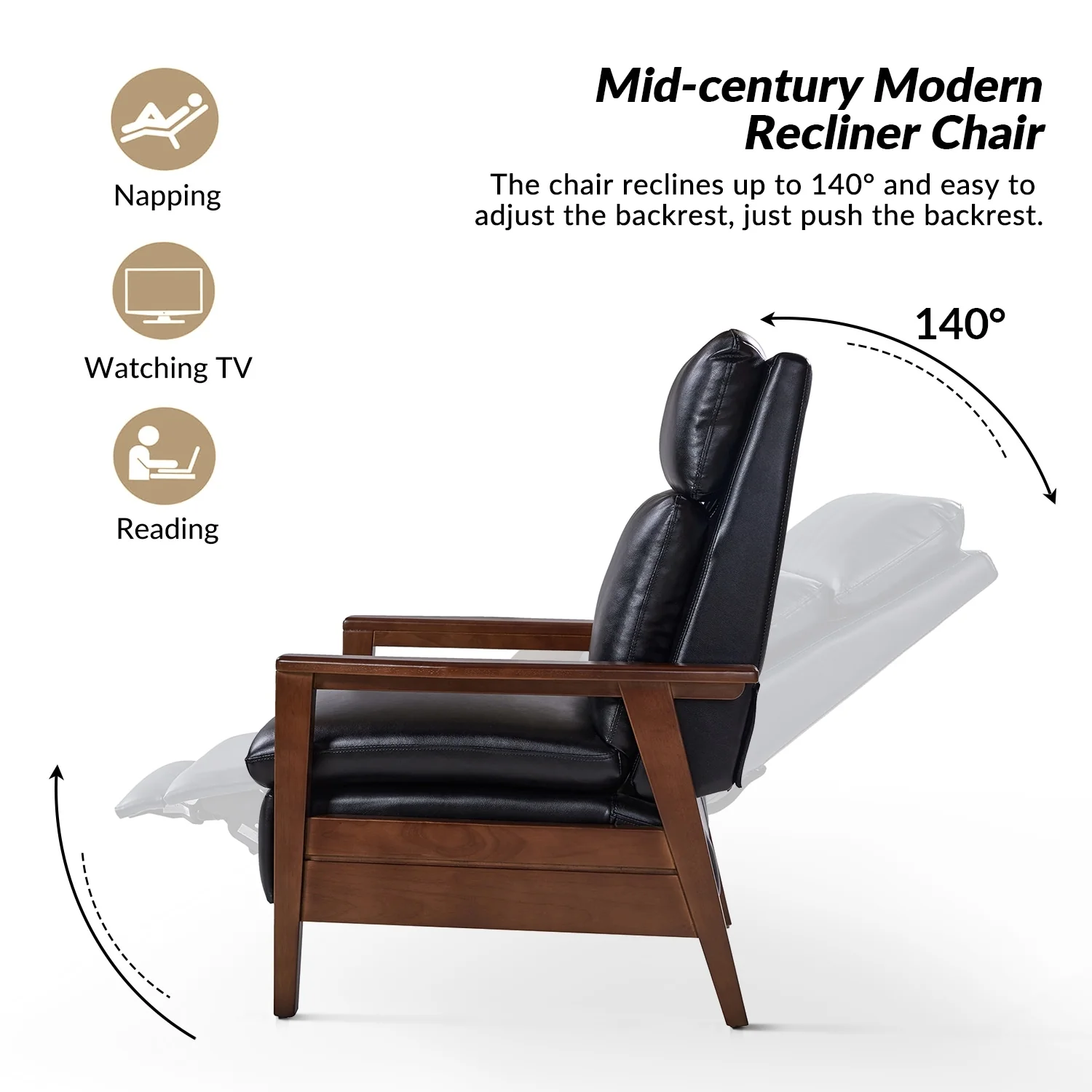 Patrick Mid-century Vegan Leather Solid Wood Recliner by HULALA HOME