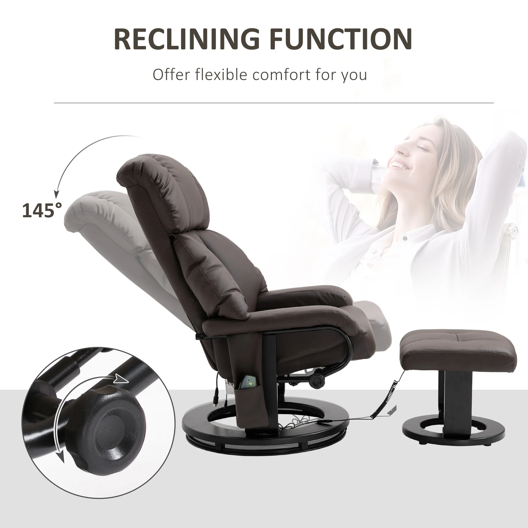 PU Leather Reclining Massage Chair with Ottoman, 360�� Swivel Base, and Remote-Controlled Vibration