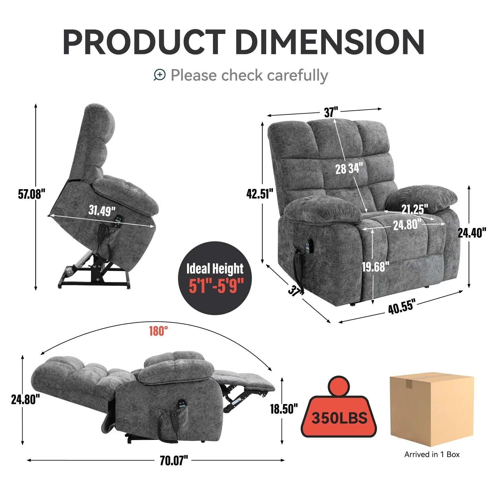 Grey Power Lift Recliner with Heat, Massage, Dual Motors, Infinite Positions, Supports Up to 350 lbs