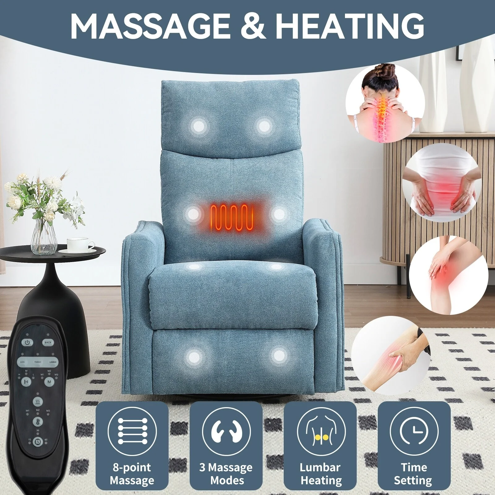 Heat Massage Manual Recliner Chair with Rocker and Swivel