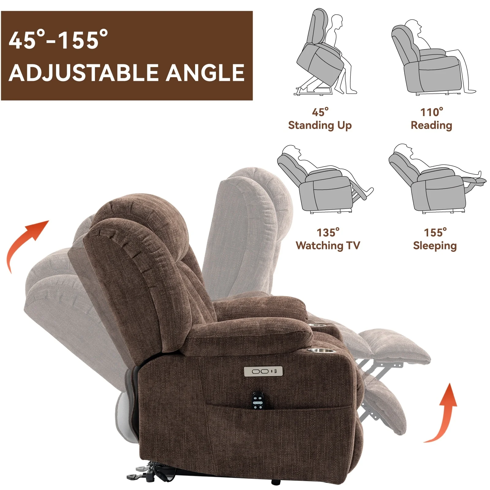 Electric Lift Recliner with Targeted Massage, Lumbar Heating, Dual USB Charging, and Stainless Steel Cup Holders