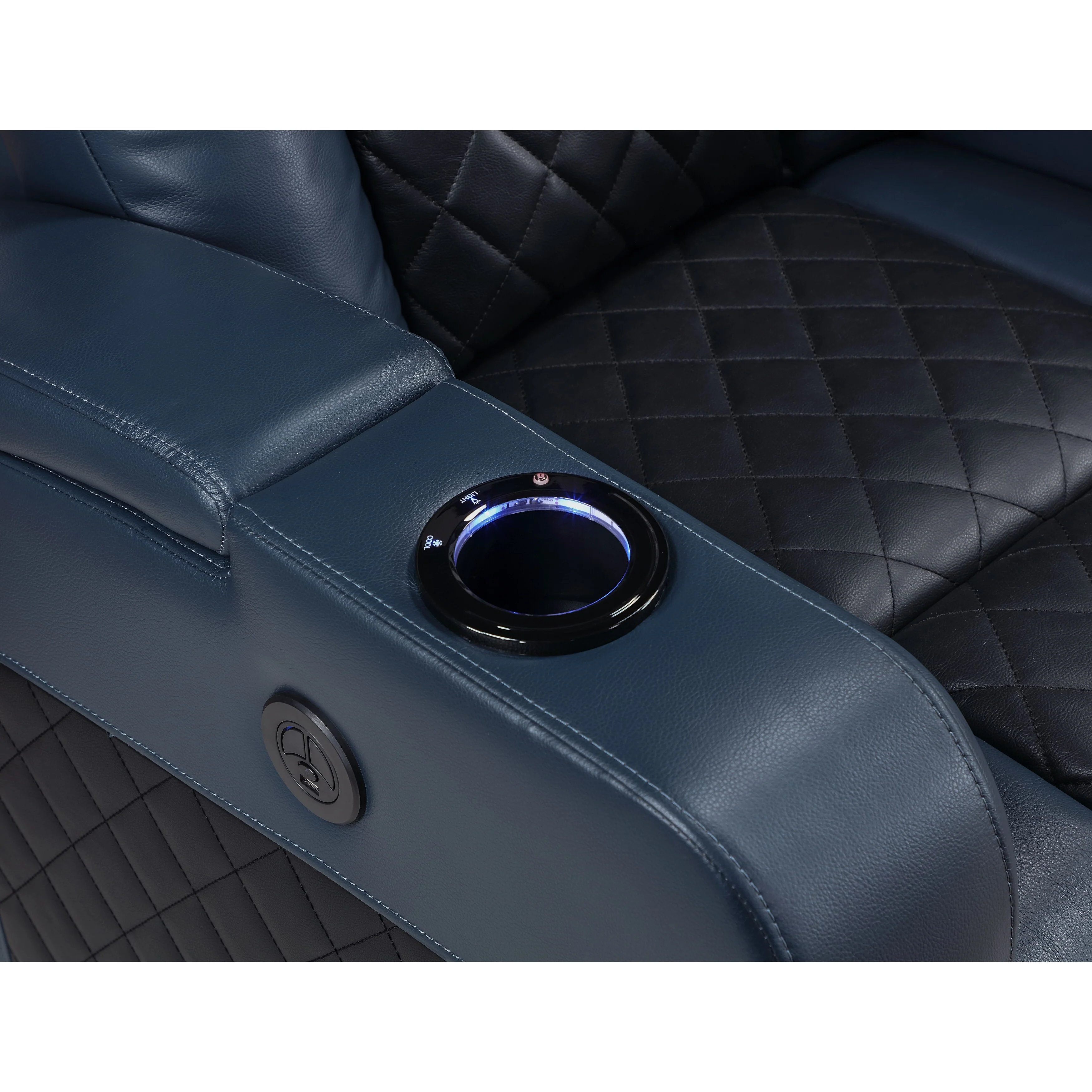 Alair Blue & Black Leather Aire Power Motion Recliner W/Bluetooth, Wireless Charger & Cupholder