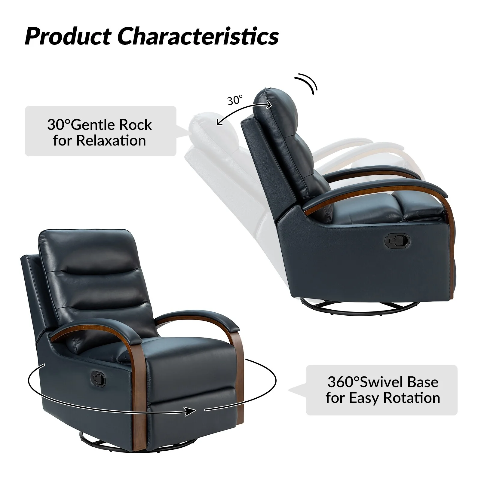 Leopold Genuine Leather Swivel Rocking Manual Recliner Chair with Wooden Arm Accents Set of 2 by HULALA HOME