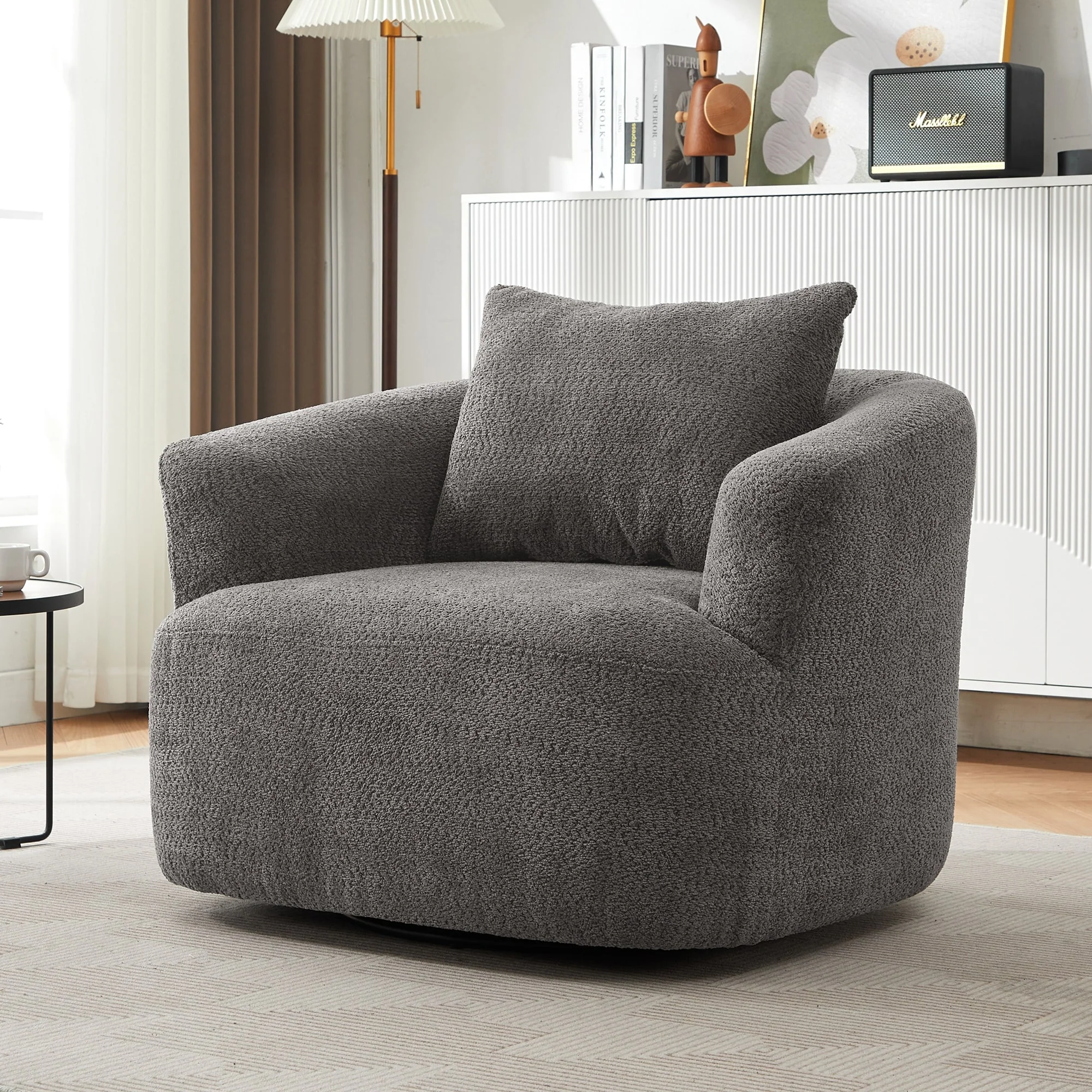 360�� Swivel Chair, 38.2 Boucle Accent Chair with Throw Pillow, Upholstered Barrel Sofa Chair with Curved Armrests