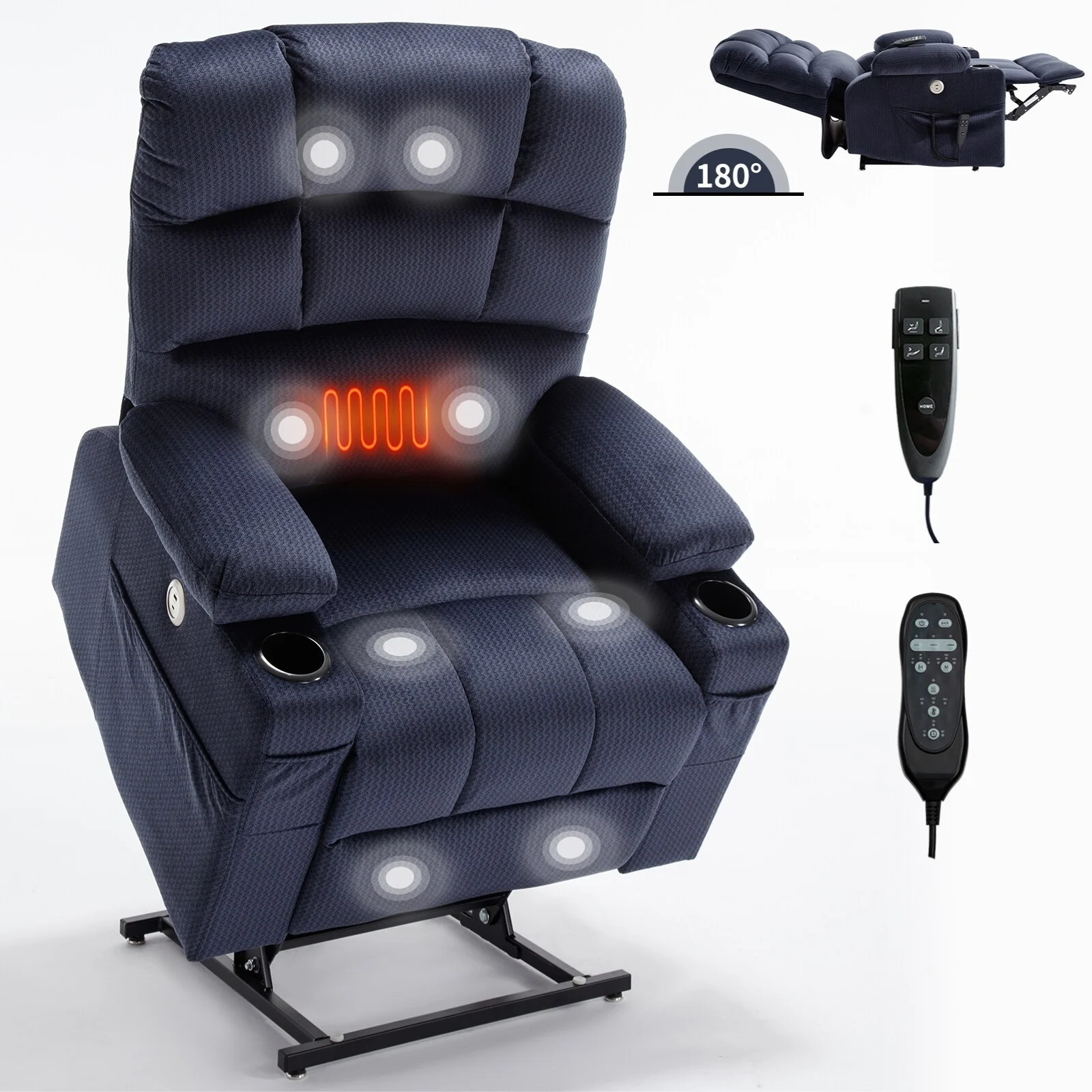 Chenille Power Lift Recliner with Massage, Heating & Cup Holders