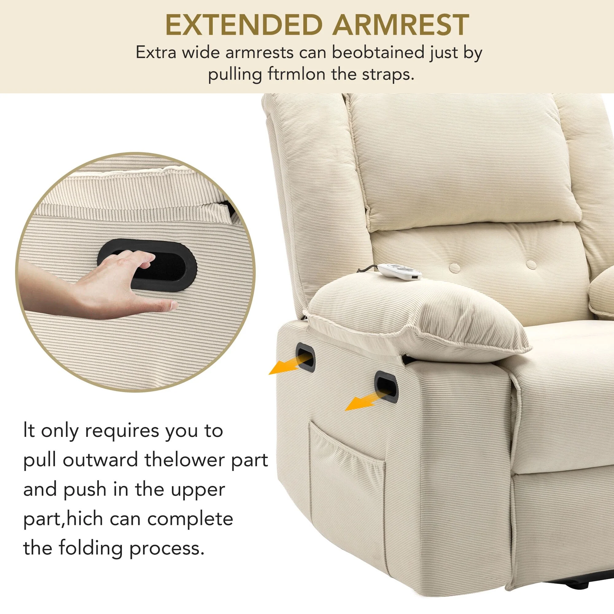 Beige Power Lift Recliner with Massage, Heating, Infinite Recline, Side Pockets, and Retractable Armrests